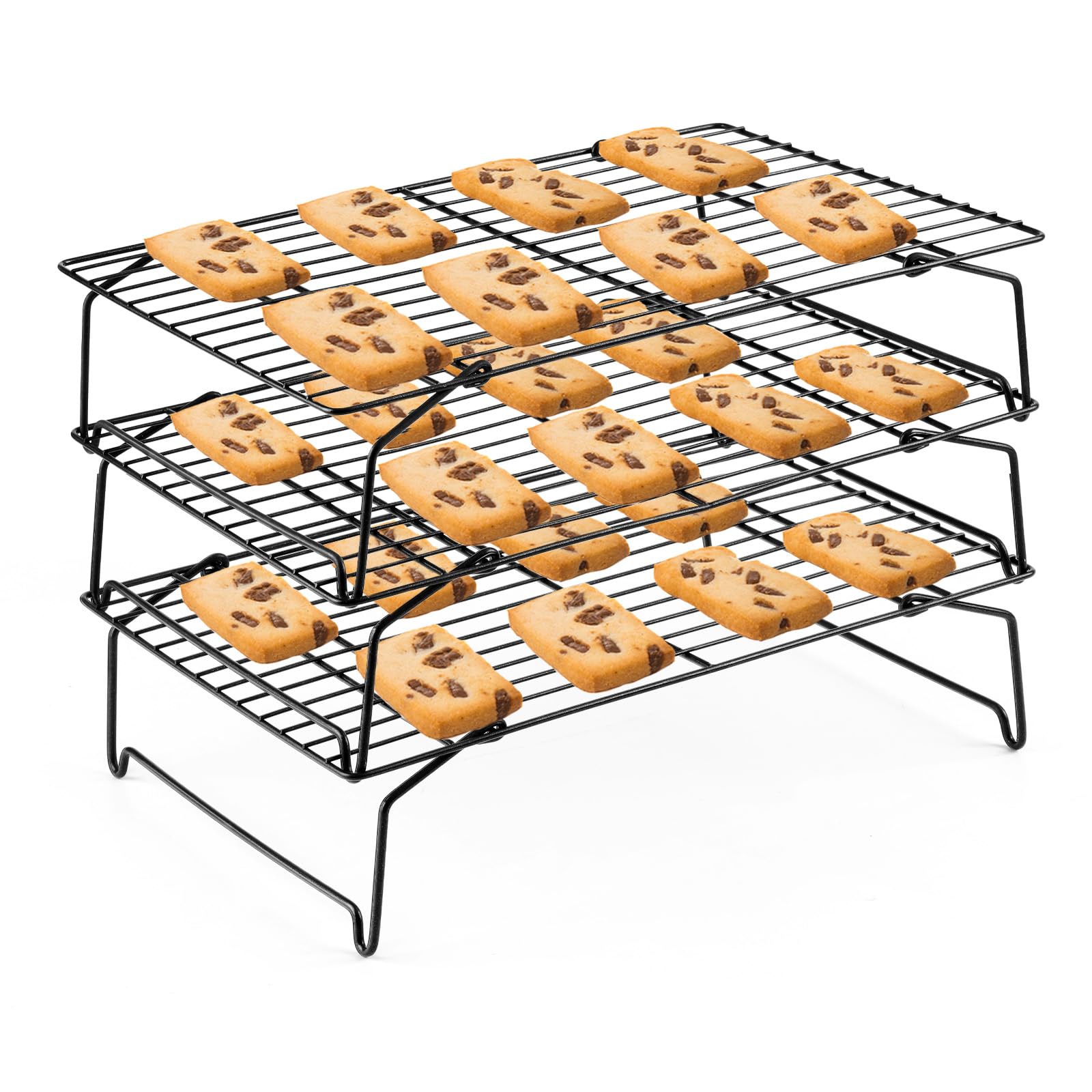 Leonyo Estante de refrigeración de 3 niveles, estantes de refrigeración de acero inoxidable para cocinar y hornear, estante de alambre apilable con patas plegables, estante para hornear galletas,