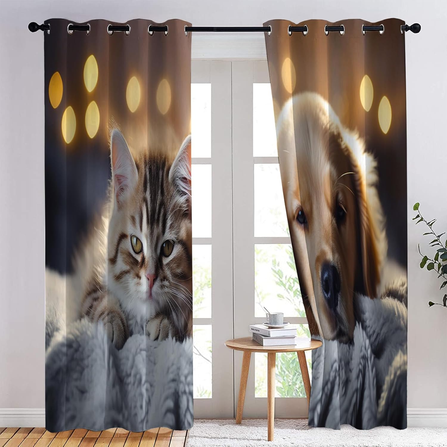 Dogs and Cats Curtains, Animals Under The Lamp Blackout Curtains for Bedroom, Thermal Insulated Room Darkening Grommet Drapes for Living Room, Window Treatments, 54 Inch Curtains 2 Panel Set - XQQ192