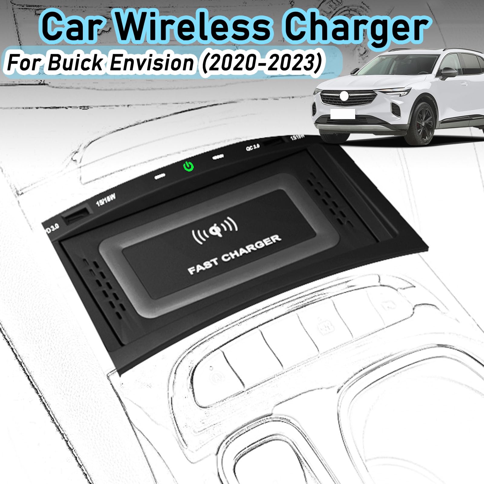 CenNa Caricabatteria da Auto Wireless per Buick Envision (2020 2021 2022 2023) Accessorio per Tutti I Modelli con Ricarica Rapida Wireless da 15 W E USB Qc3.0, Regalo per La Famiglia