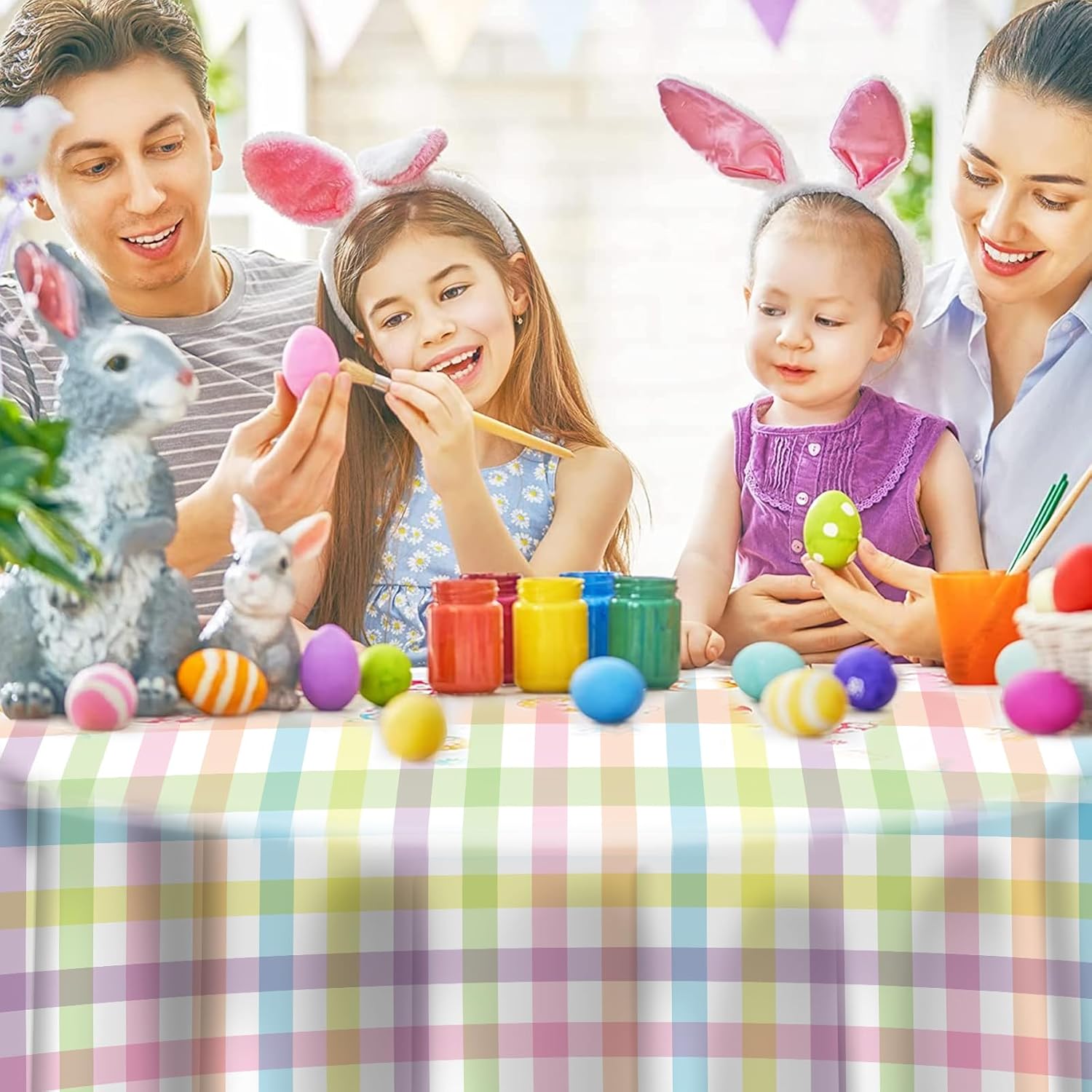 3Pcs Spring Easter Pastel Plaid Tablecloths Decorations, Plastic Pink Blue Yellow Green Watercolor Buffalo Disposable Round Table Cover for Indoor Outdoor Spring Birthday Easter Party Supplies, 84Inch