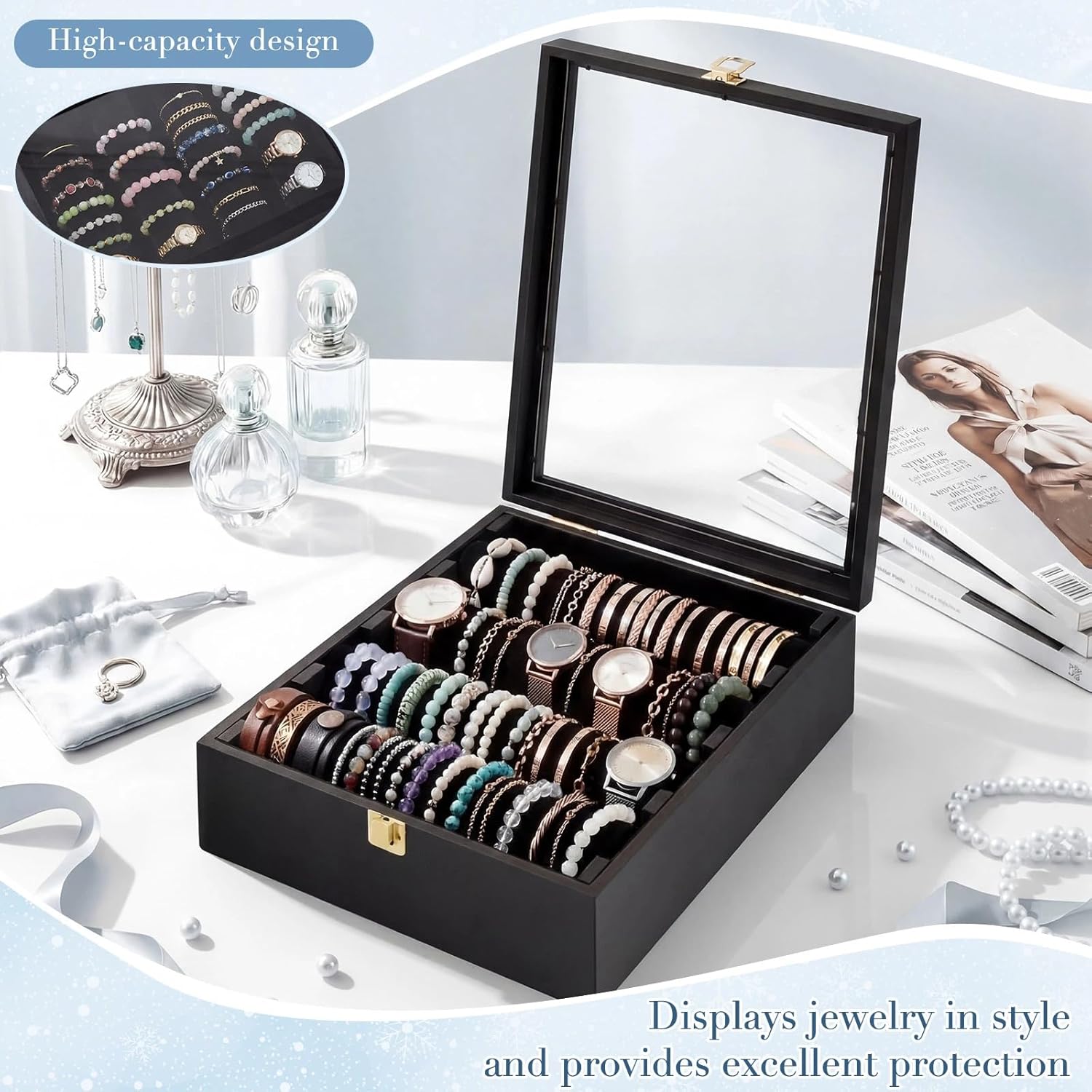 Wenqik Bracelet Display Holder Organizer with 4 Rods, Wooden Bracelet Box with Clear Lid, Jewelry Storage Case for Women Retail Bangle Watches Jewelry Stores, Black Lining
