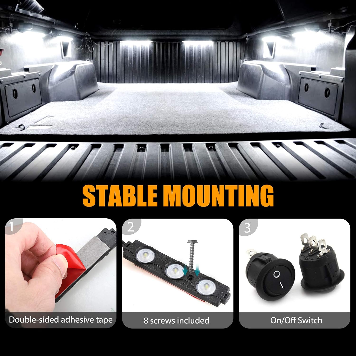 Linkstyle White Truck Pickup Bed Light Kit, 24 Led Cargo Rock Lighting Kits with Switch for Van Off-Road Under Car, Side Marker, Foot Wells, Rail Lights - 8 PCS
