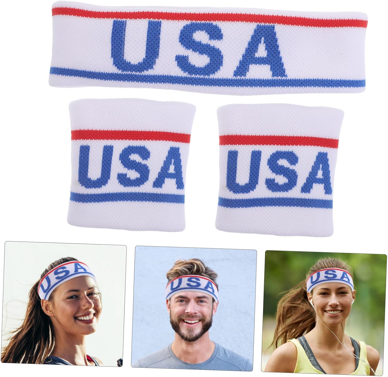 SUPVOX Sports Headband and Wristband Set, Sweat-Absorbing Elastic Fabric, USA Flag Print, Unisex for Running Basketball Gym Workout