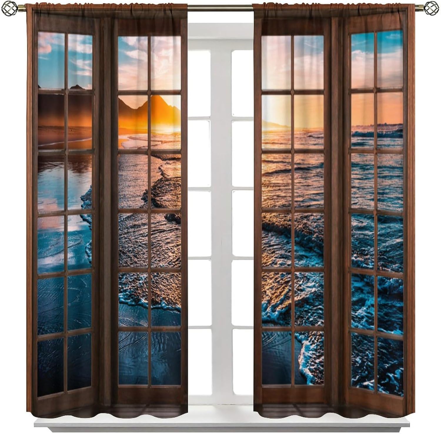 Seaside Scenery Curtains, Nature 3D Scenery Ocean Beach Sunset Sunrise Ocean Waves Prints Blackout Window Treatments Drapes for Bedroom Living Room 2-Panel Set & Rod Pocket72x63in