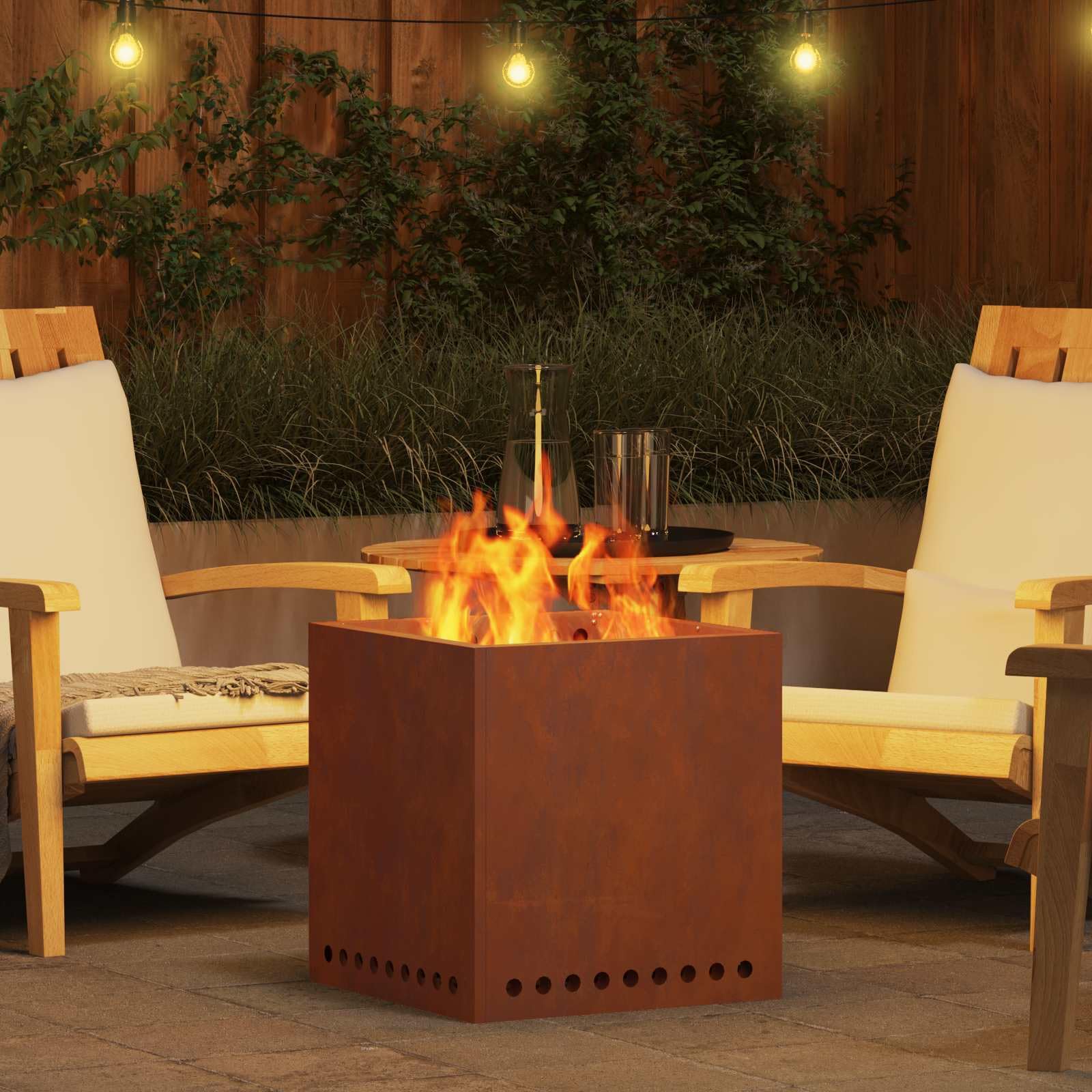 Braciere senza fumo, marrone, 48 x 48 x 50 cm, in acciaio resistente alle intemperie, quadrato, resistente alle intemperie, per terrazza, giardino, balcone, efficiente circolazione dell'aria