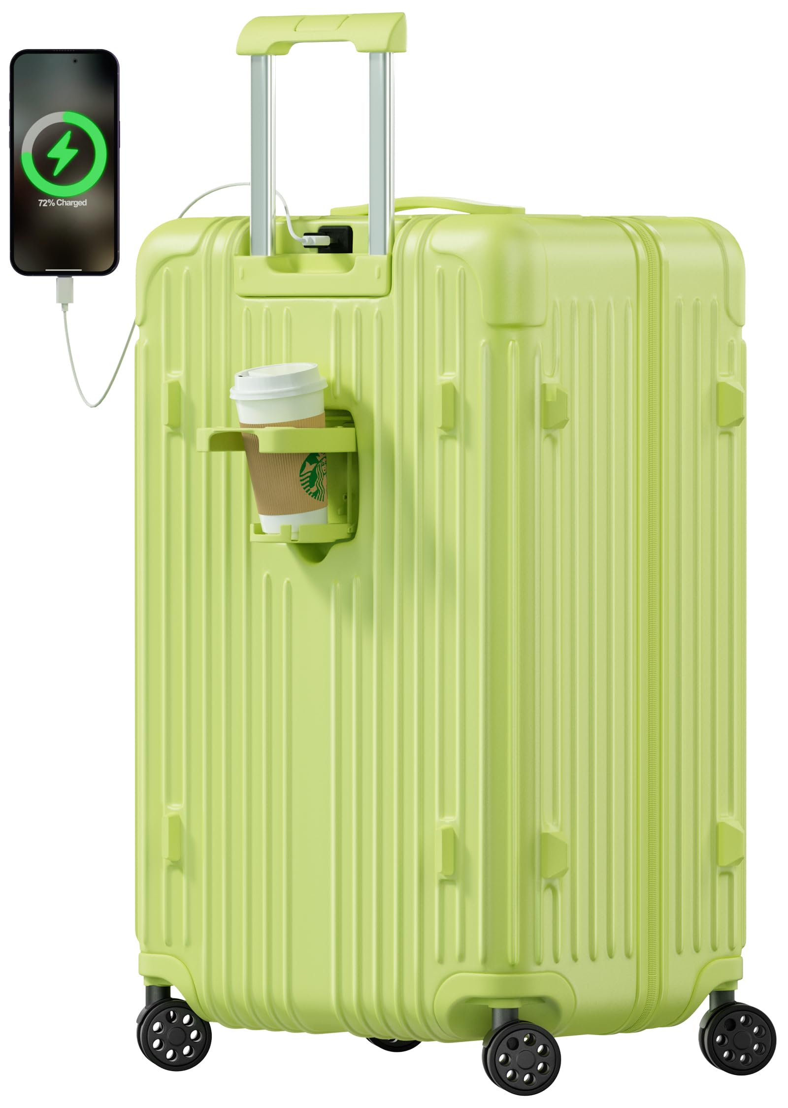 Krute Luggage PC+ABS Hardside Suitcase with USB Port Cup Holder TSA Lock Spinner Wheels Checked Luggage 28 Inch (AppleGreen)