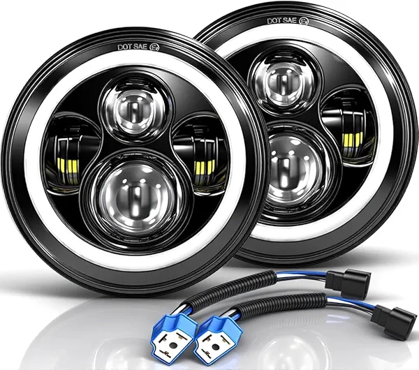 MGLLIGHT 7 Inch LED Headlights Round Halo Angel Eyes DRL Amber Turn Signal Lights H6024 LED Headlights Replace High/Low Sealed Beam Fits Wrangler JK TJ LJ CJ with H4 H13 Adapter, 2PCS
