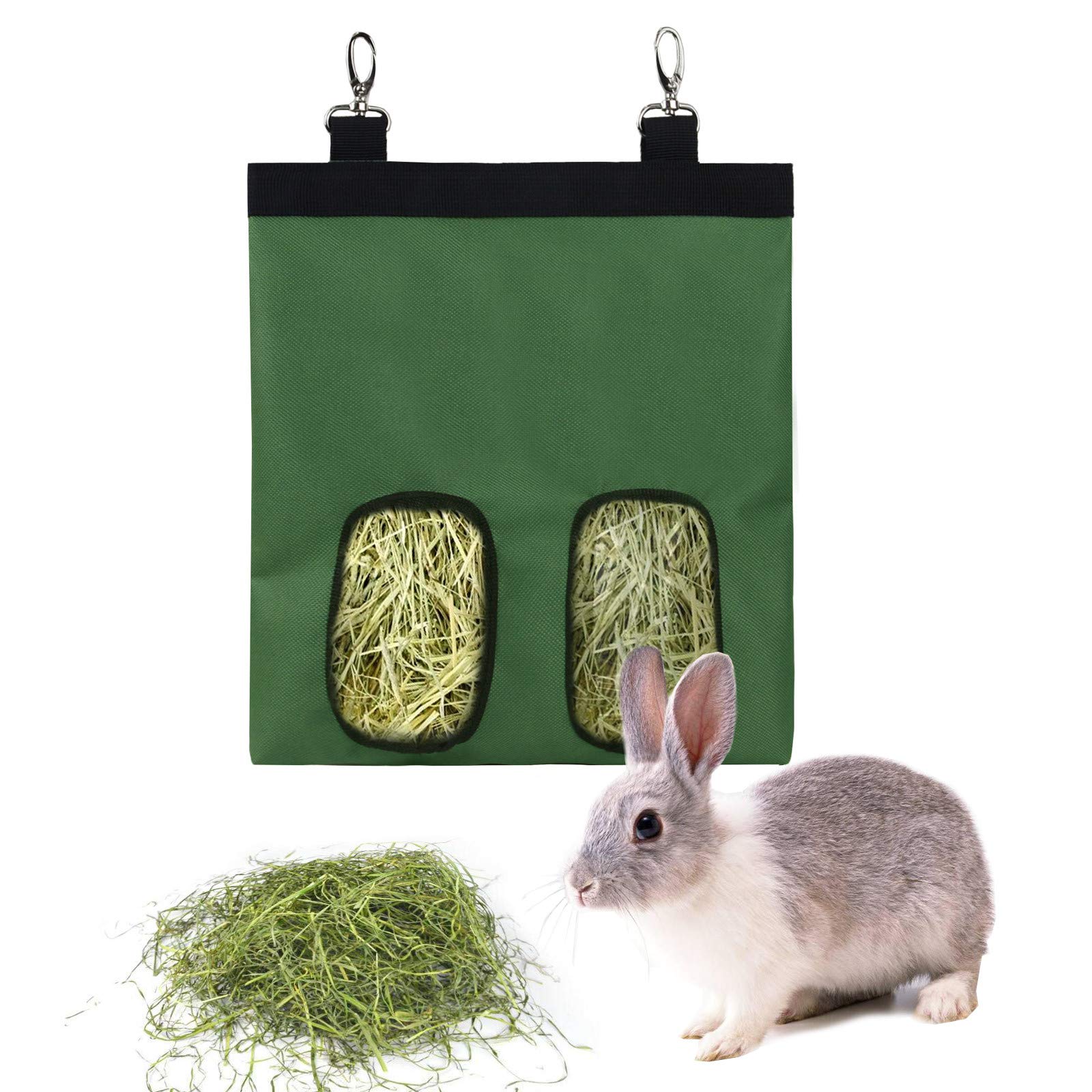Rabbit Hay Feeder Bag Guinea Pigs Hanging Hay Rack Manger Holder Dispenser Small Animal Feeder Storage Pouch for Bunny Chinchilla Hamster (2 Windows, Pattern Black) — view 17