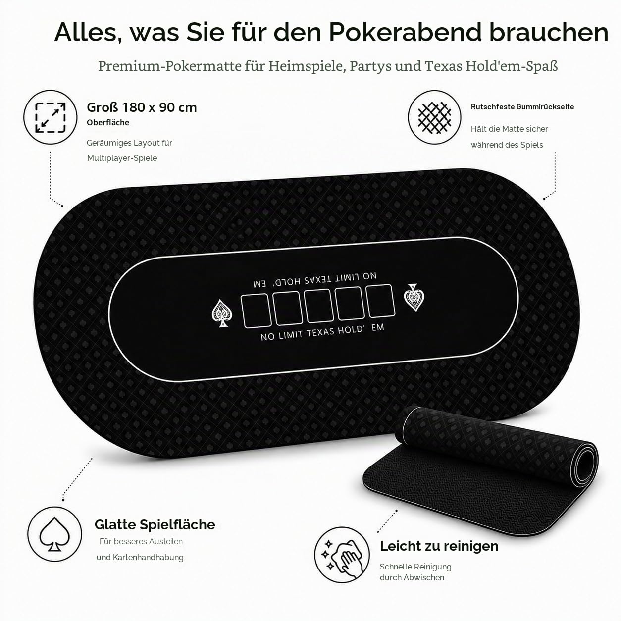Pokermatte 180 × 90 cm, 10 Spieler Texas Hold'em Poker Gummimatte, Poker-Topper für Tische, zusammenklappbar, tragbar, Pokertisch-Layout mit Tragetasche für Pokerspiele, Blackjack