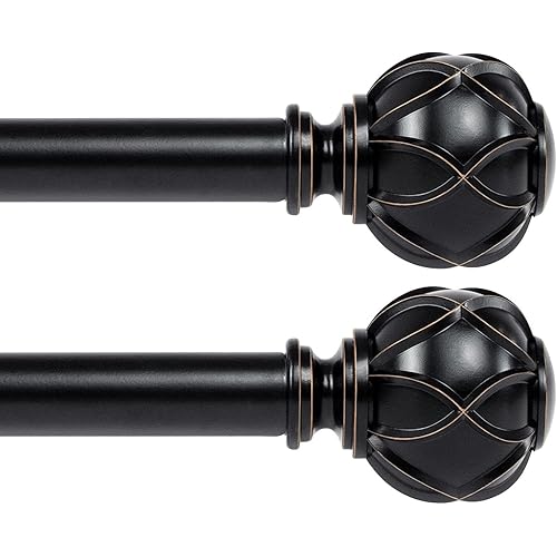 KAMANINA 1 Inch Curtain Rod Telescoping Single Drapery Rod 28 to 48 Inches (2.3-4 Feet), 2 Pack Black Curtain Rods for Windows 16 to 44 Inches, Netted Texture Finials