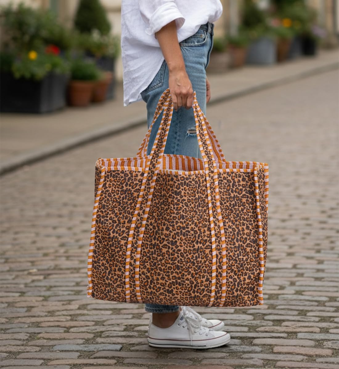 LKGSM RUGS Cotton Tiger Block Print Tote Bag, Indian Handmade Shopping Shoulder Bag, Unisex Market Daily Use