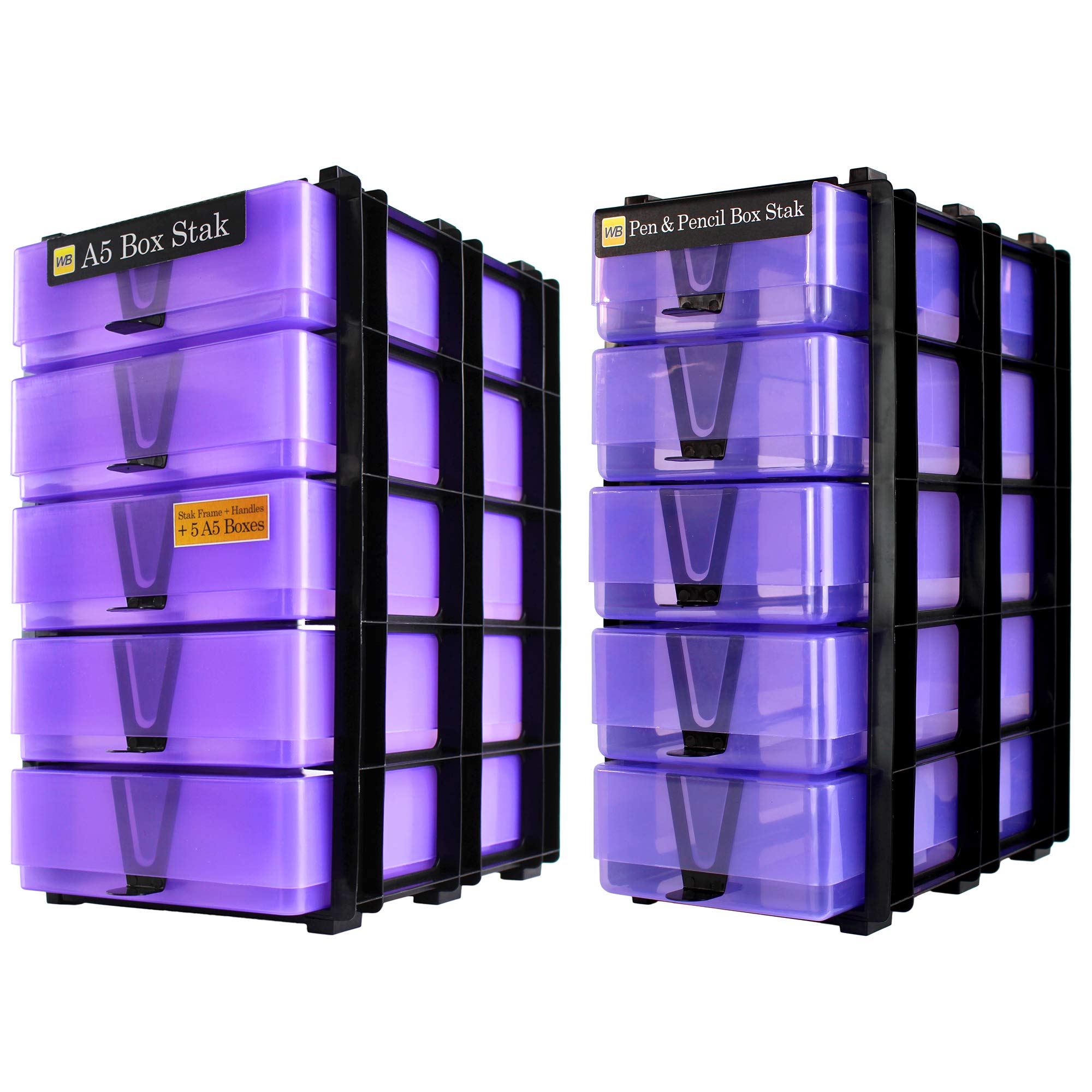 WestonBoxes 2 Stak Storage Pack, Includes A5 Paper Storage Boxes, Pen & Pencil Storage Boxes, Stak Frames and Box Handles, Fits IKEA KALLAX (Purple)