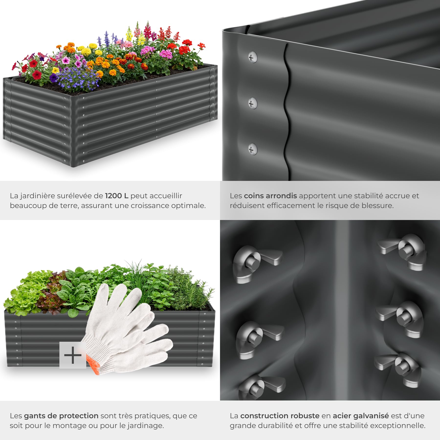 tectake® Jardiniere 200 x 100 x 62 cm, Plate-bande surélevée en acier, Potager surélevé, 1 paire de gants jardinage incluse, Carre Potager 1200L, Lit de jardin Jardiniere exterieur, Bac a fleur Jardin