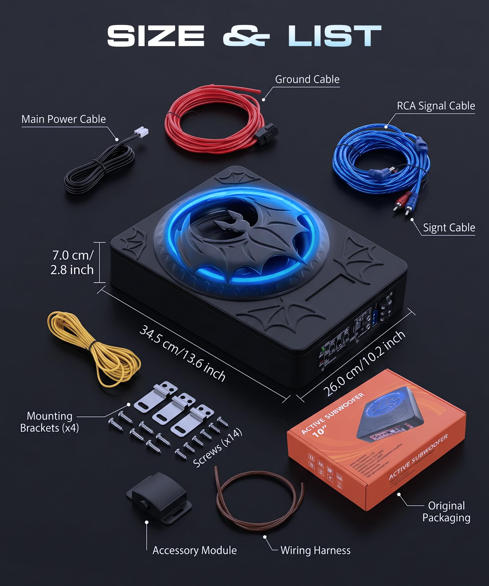 VECHTEL Subwoofer Auto Sottile 7 cm Sottosella, Subwoofer Attivo Potenza Picco 1200W con Suono Surround 360°, Regolazione Fase 180°, Filtro Passa Basso e Luce RGB Compatibile con Berlina SUV Pickup