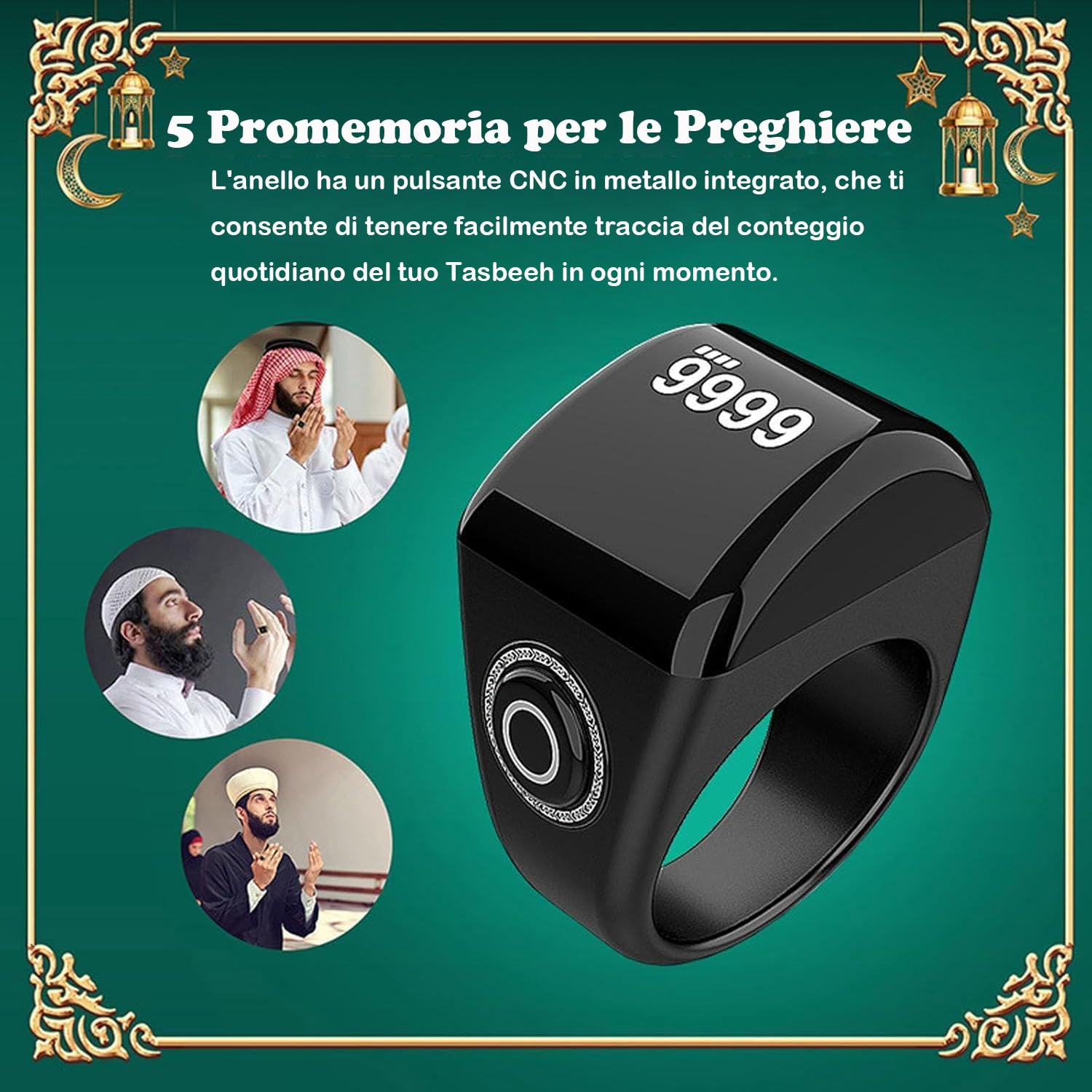 Anello Smart Tasbih, Contatore Preghiere, Clicker Digitale, Ricaricabile, Dito, Nero, 18mm