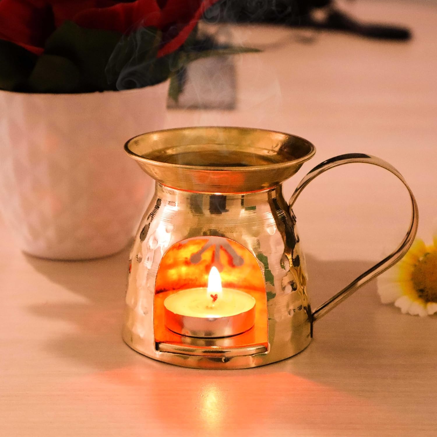 Pure Source India Handcrafted Brass Aroma Burner | Essential Oil & Camphor Diffuser with Tealight Candle-image-7