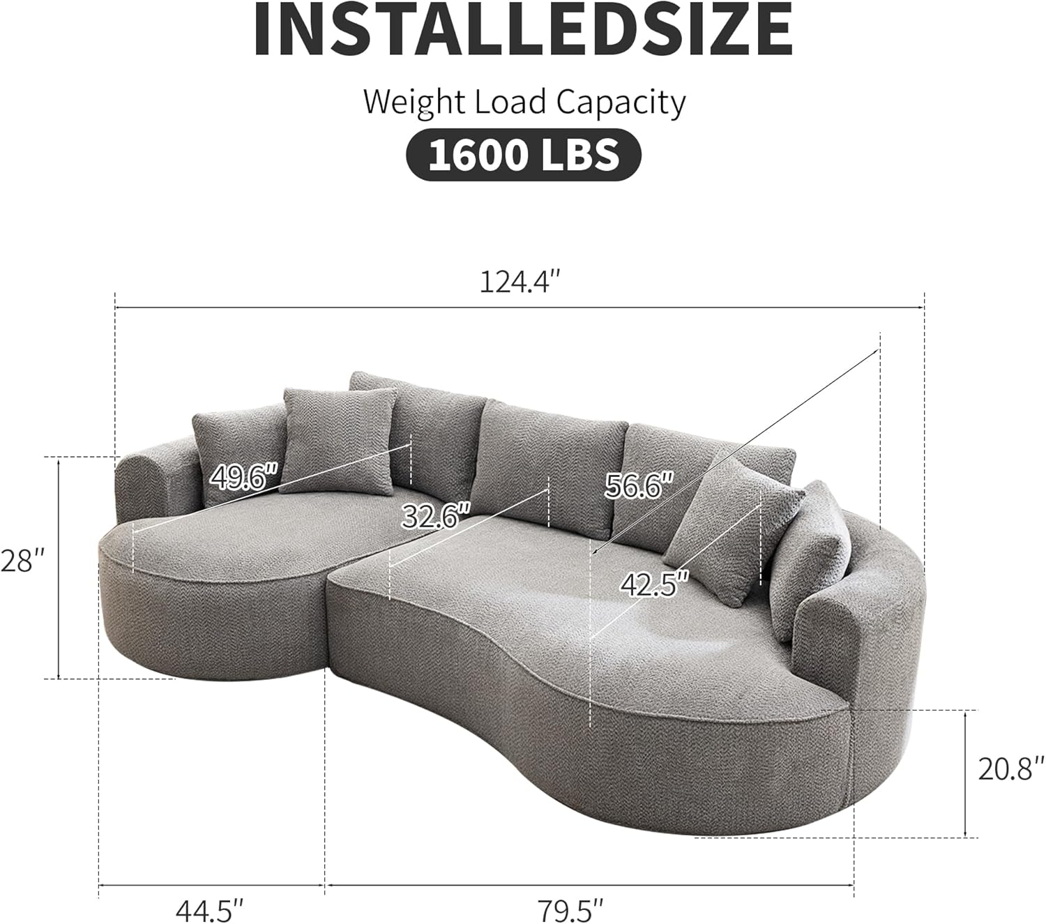 Opiesit 124" Oversized Boneless Couches for Living Room, Sectional Curved Sofa with 7 Pillows, L-Shape Boneless Couch with Deep Seat, High-Density Memory Foam, No Assembly Required, Chenille (Grey)