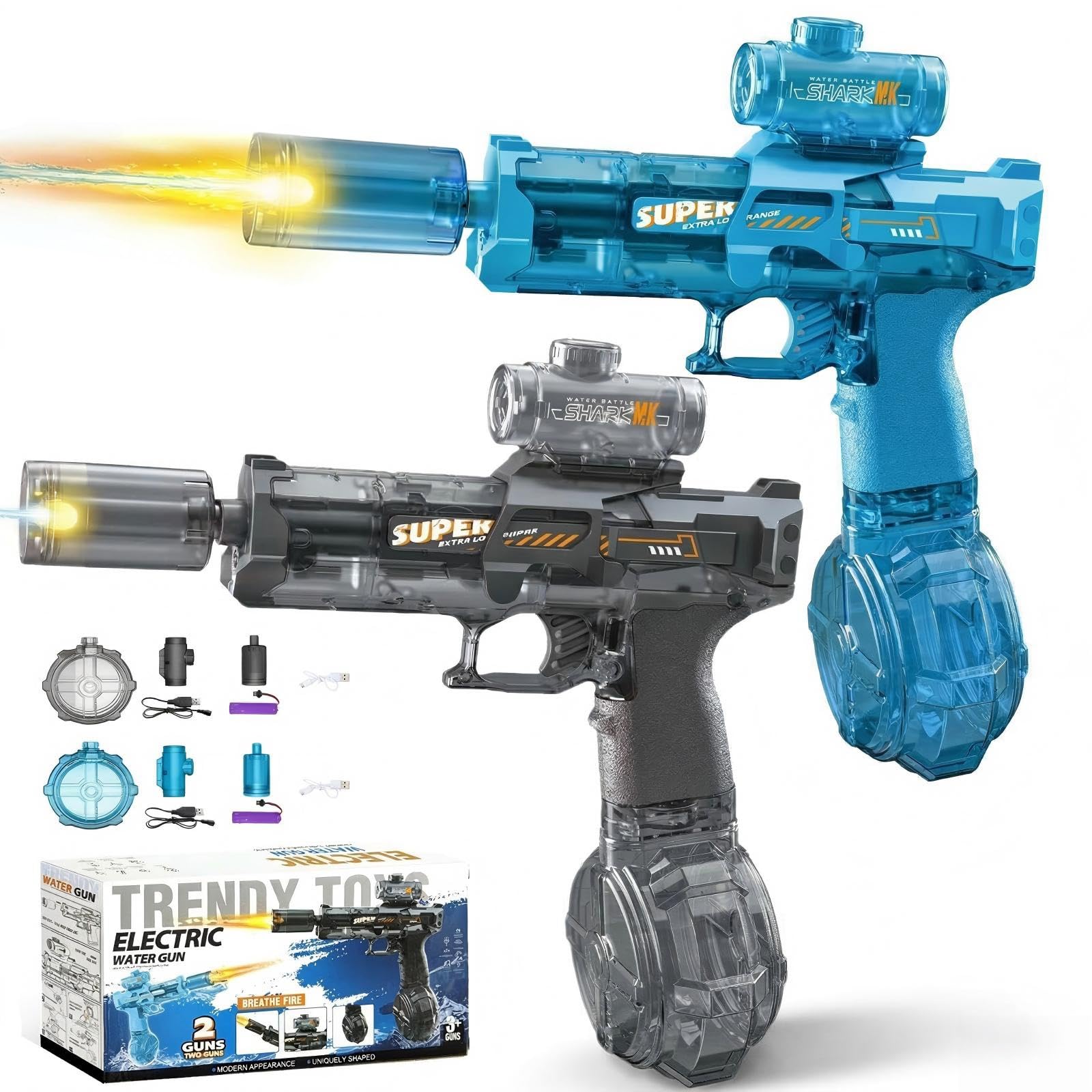 2PCS Electric Water Gun,Automatic Water Gun Pistols for Kids Adults,Long Range Motorized Water Guns with Multifunctional Lighting Effects,Water Pistols for Kids Outdoor Beach Pool Party (Black & Blue)