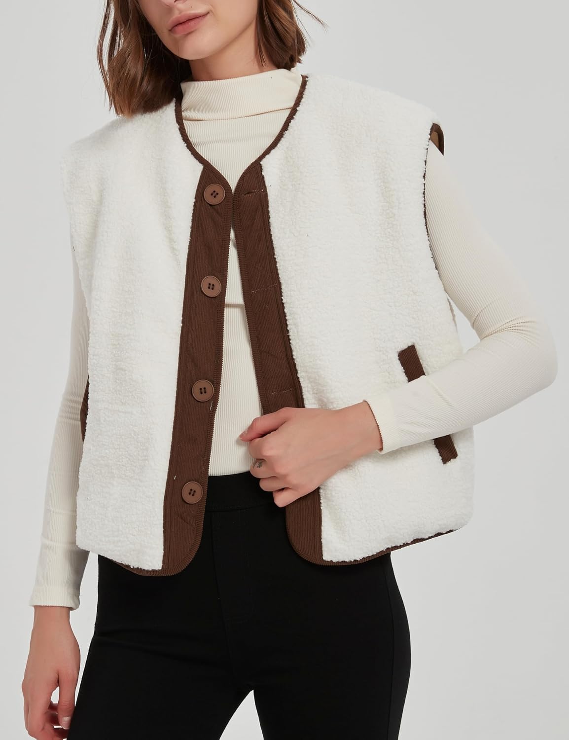 Women's Fall Quilted Puffer Vest Sleeveless Winter Reversible Sherpa Fleece Jacket Outwear with Pockets