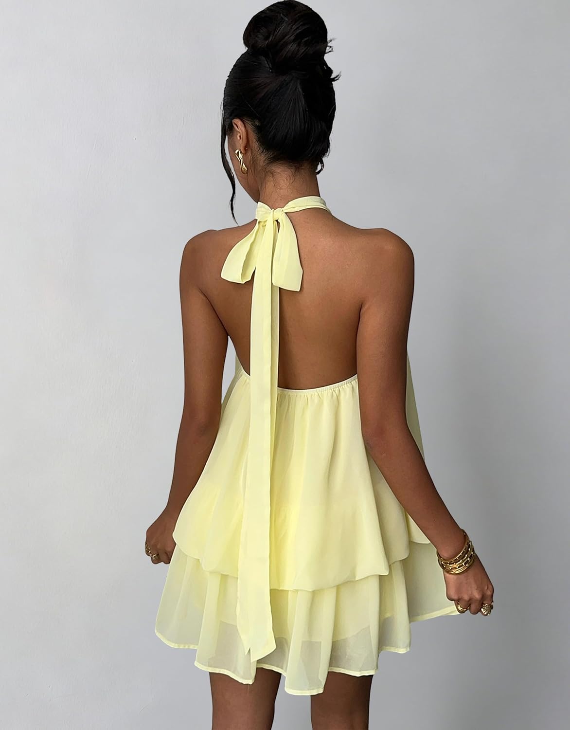 Chiffon Dresses for Women Sexy Halter Drop Waist Dress Ruffle Backless Wedding Guest Dresses Bubble Night Out Mini Dress