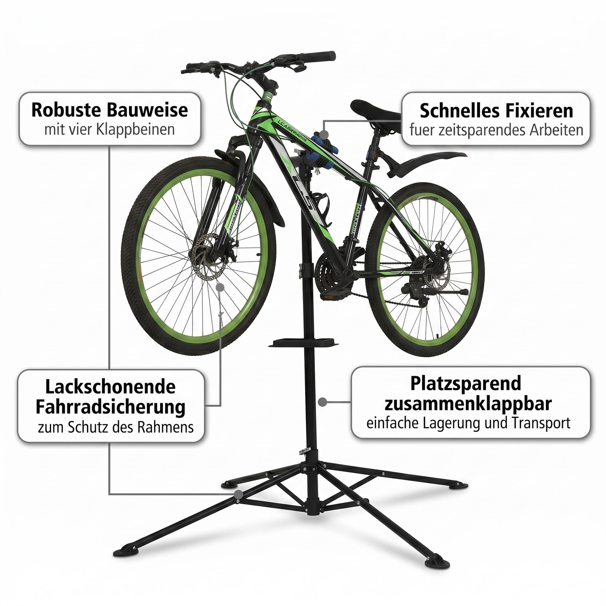 Mucola Fahrrad Montageständer 360° drehbar höhenverstellbar bis 200 cm – Reparaturständer aus Stahl mit Schnellspannklemme & Werkzeugablage – Zentrierständer für MTB E-Bike Rennrad Werkstatt