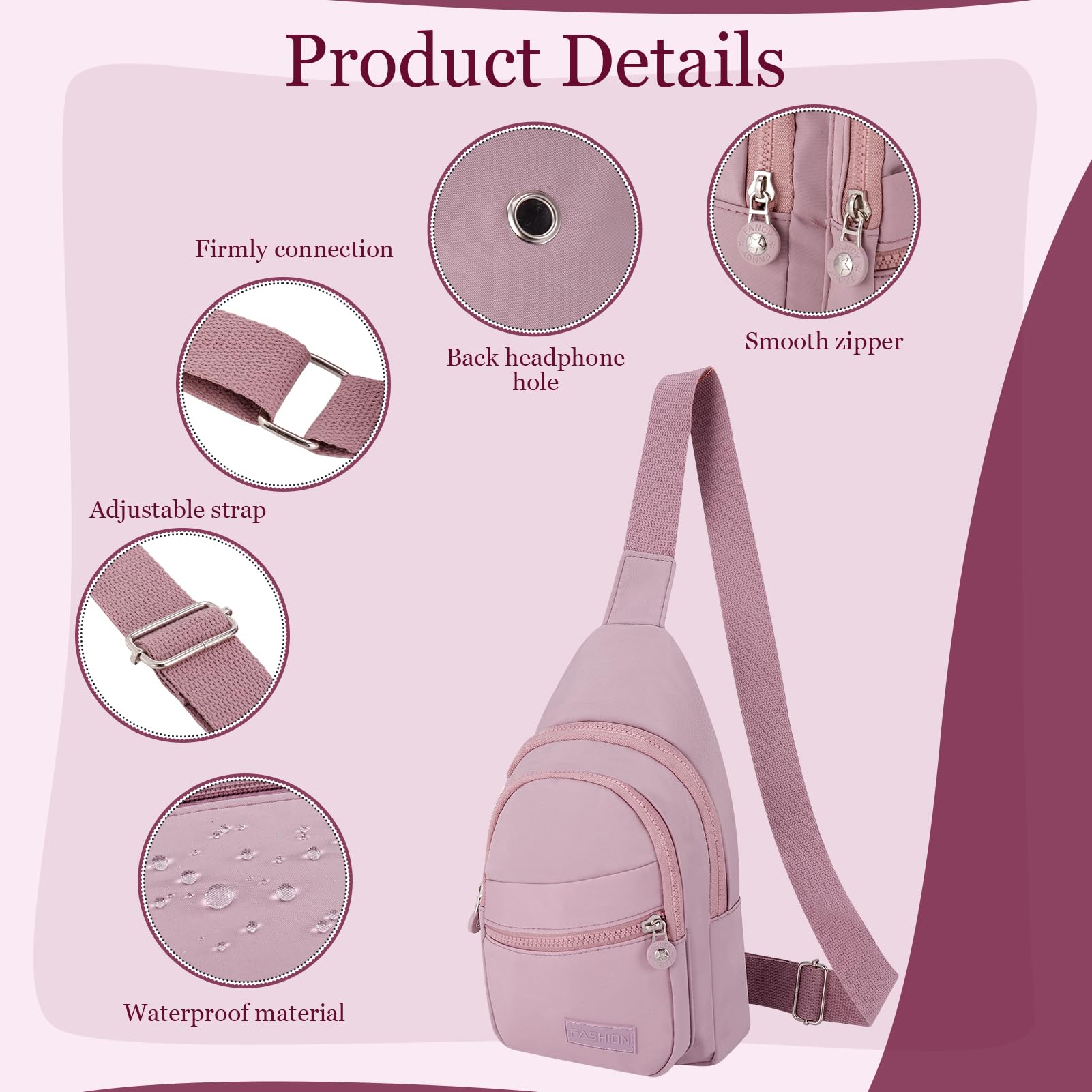 2PCS Sling Chest Bags for Women Men Waterproof Nylon Crossbody Bag Anti-Theft Shoulder Bag Multi-use Backpack Lightweight Storage Chest Bag for Travel Hiking Cycling Outdoor Sports- Pink+Black - Image 2