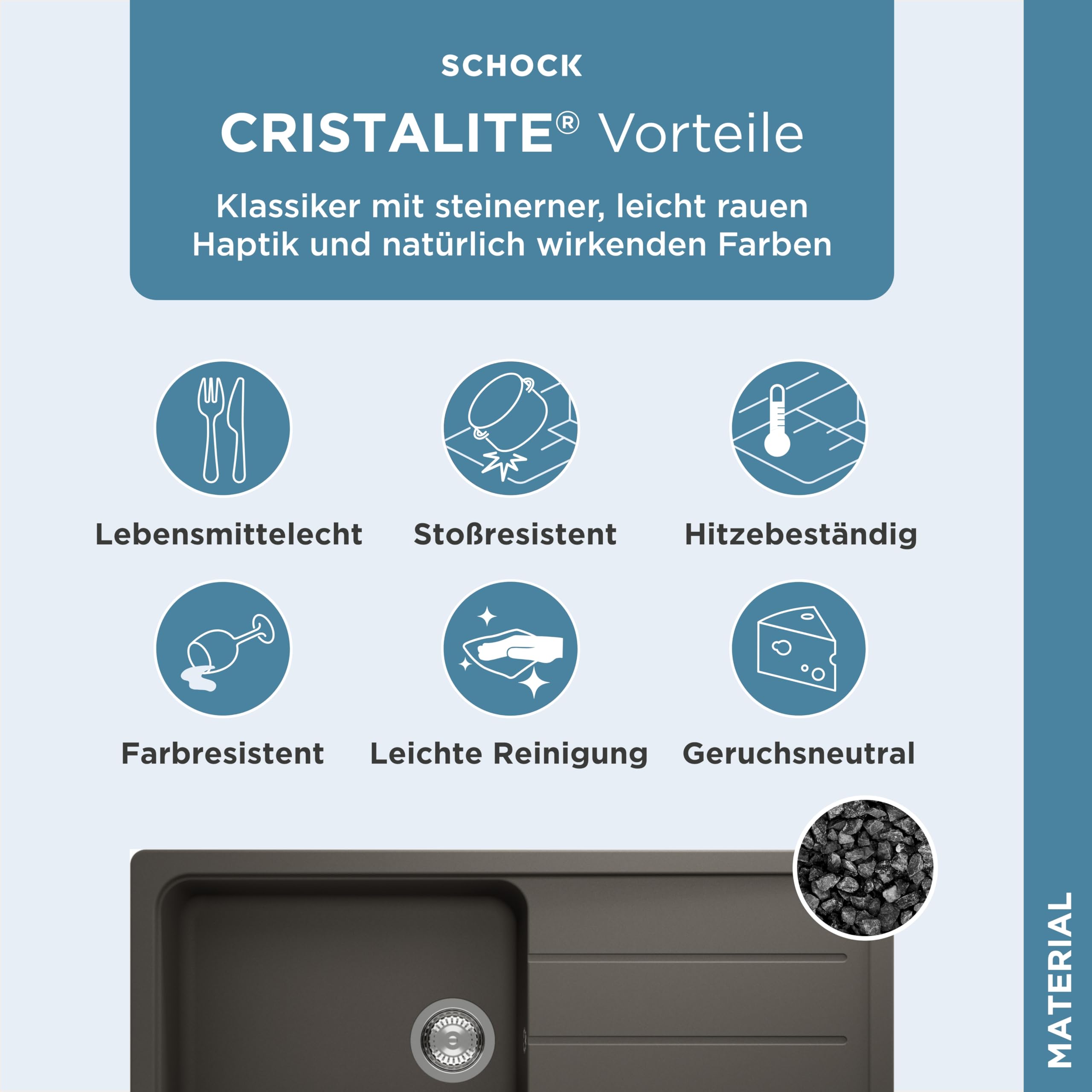 SCHOCK Granitspüle Formhaus D-100L Asphalt I Einbauspüle für 60 cm Unterschrank I Küchenspüle mit Abtropffläche I CRISTALITE Spüle hitzebeständig kratzfest I Design Spüle schwarz robust & pflegeleicht