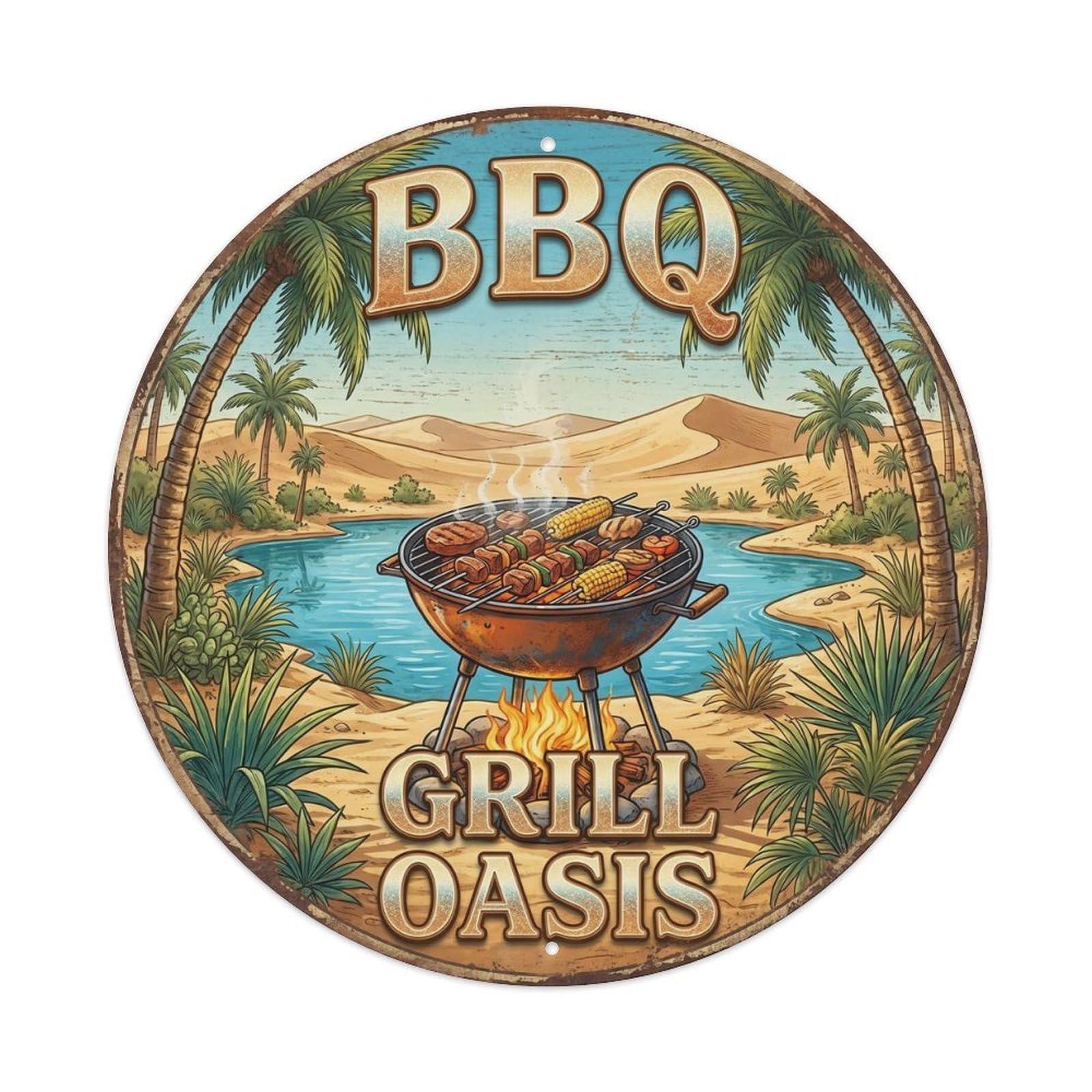 BBQ Barbecue Grill Oasis Vintage Metal Tin Sign Plaque Wall Decor for Cafe, Club, Garden Round Metal Poster 8x8Inch