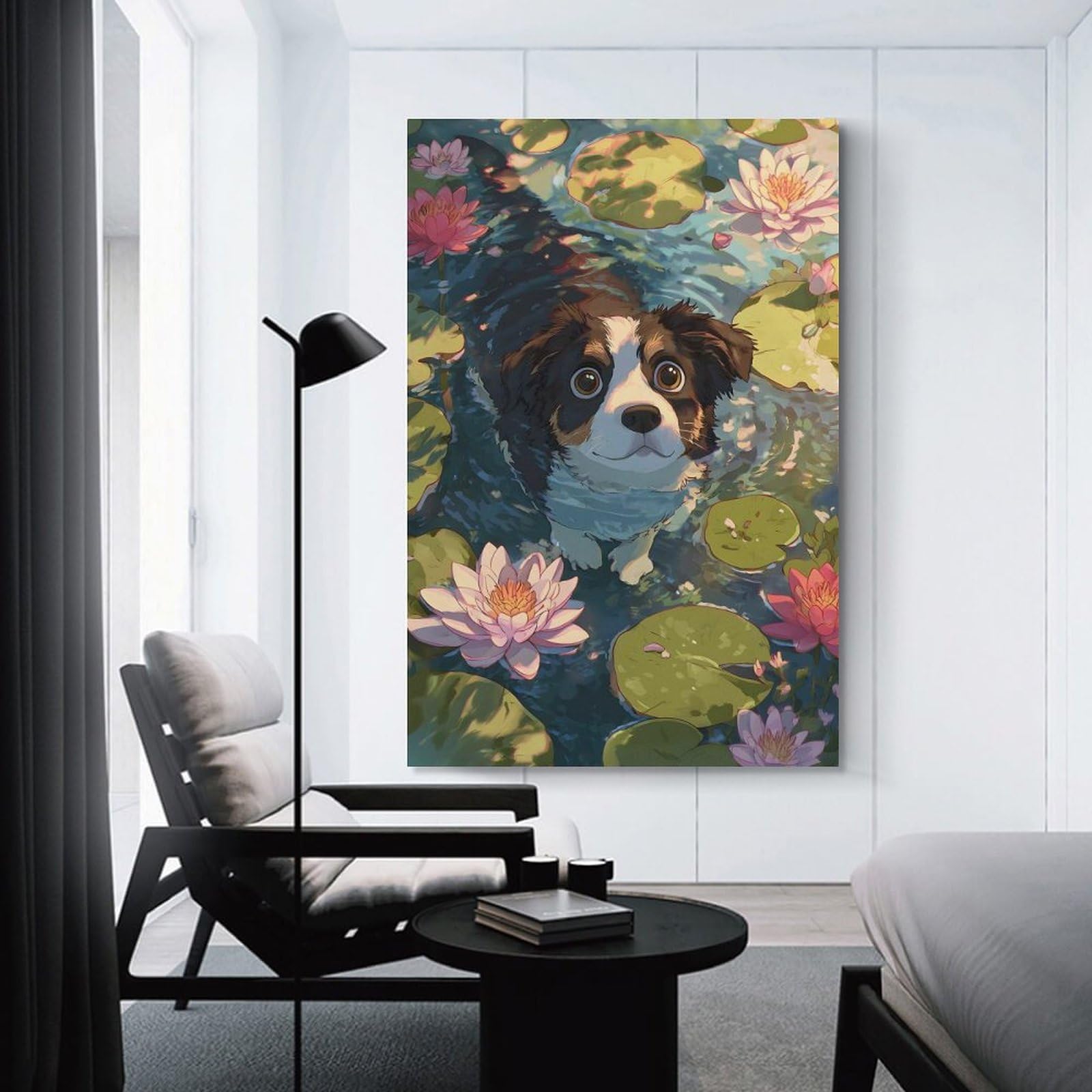 Junmoney Wall Art Print Dog in Lily Pond Illustration, 12x18inch(30x45cm), for Study, Office Or Focused Interiors, Decorative Artwork for Productive Spaces