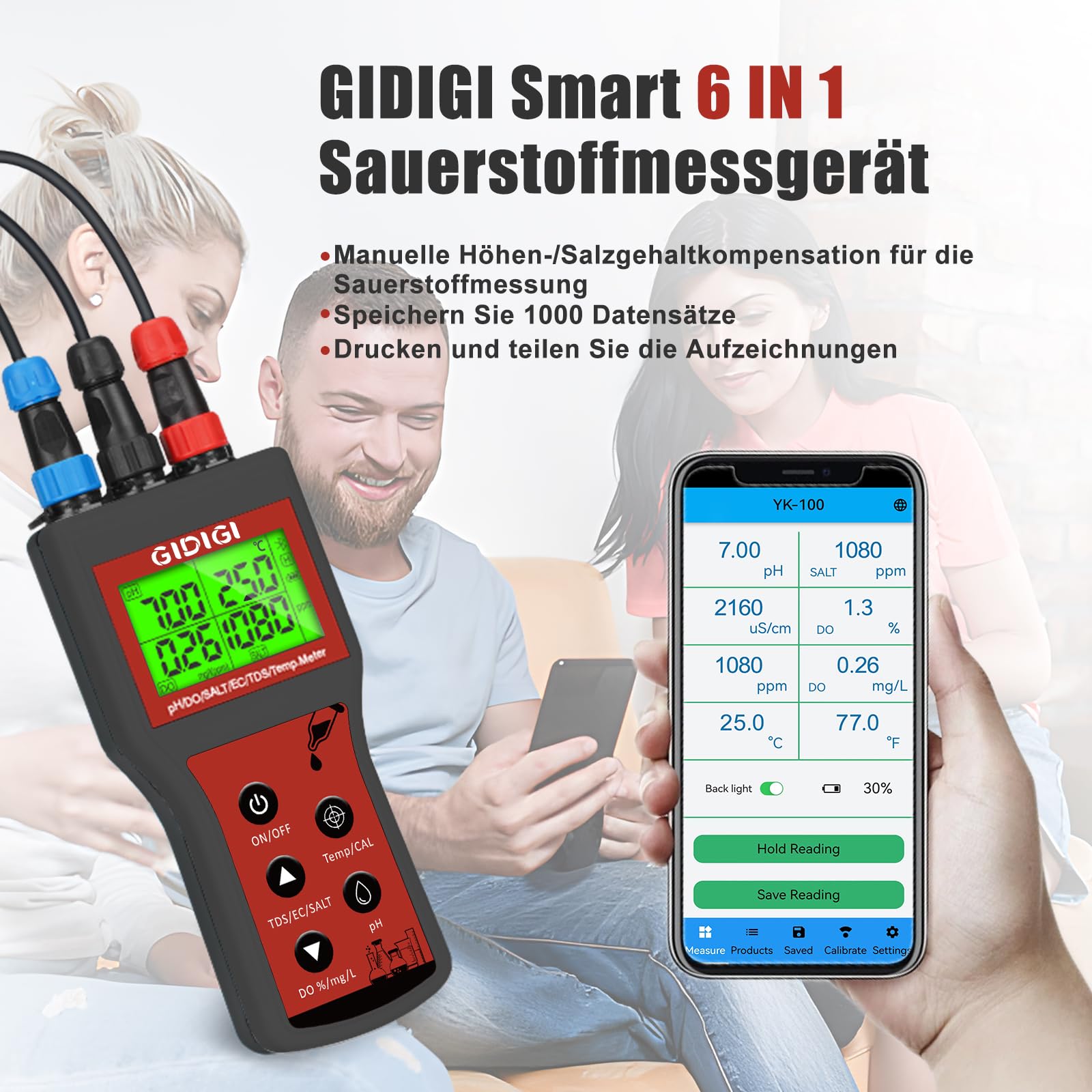 Messgerät für gelösten Sauerstoff für Wasser, 6-in-1 Smart DO, pH, Salzgehalt, TDS, EC, Temperatur, mit automatischer Kompensation für Teiche, Aquarien, Wassertests, Wasserqualitätstester, Teich-Saue