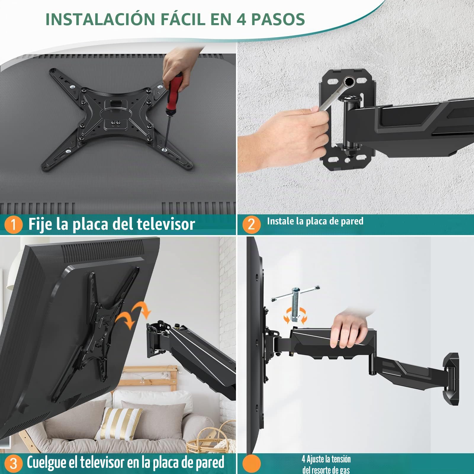 ELIVED Soporte de pared regulable en altura para la mayoría de televisores LED, LCD, OLED planos o curvados de 23 a 55" con VESA 100 x 100 mm-400 x 400 mm hasta 25 kg, soporte de ángulo de movimiento