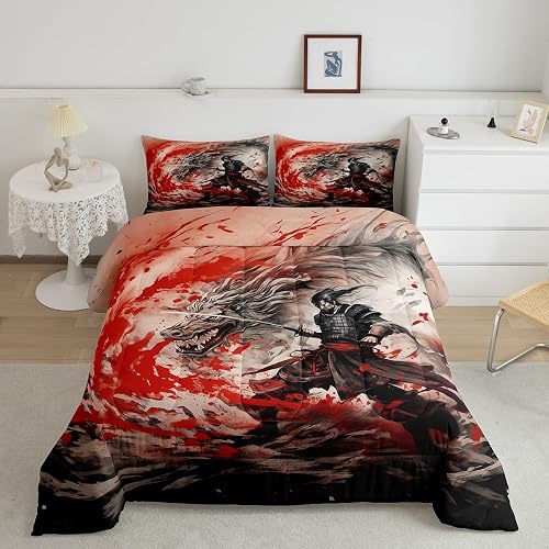 Japanese Samurai Comforter Set King Size,Black Dragon Bedding Set for Kids Boys 