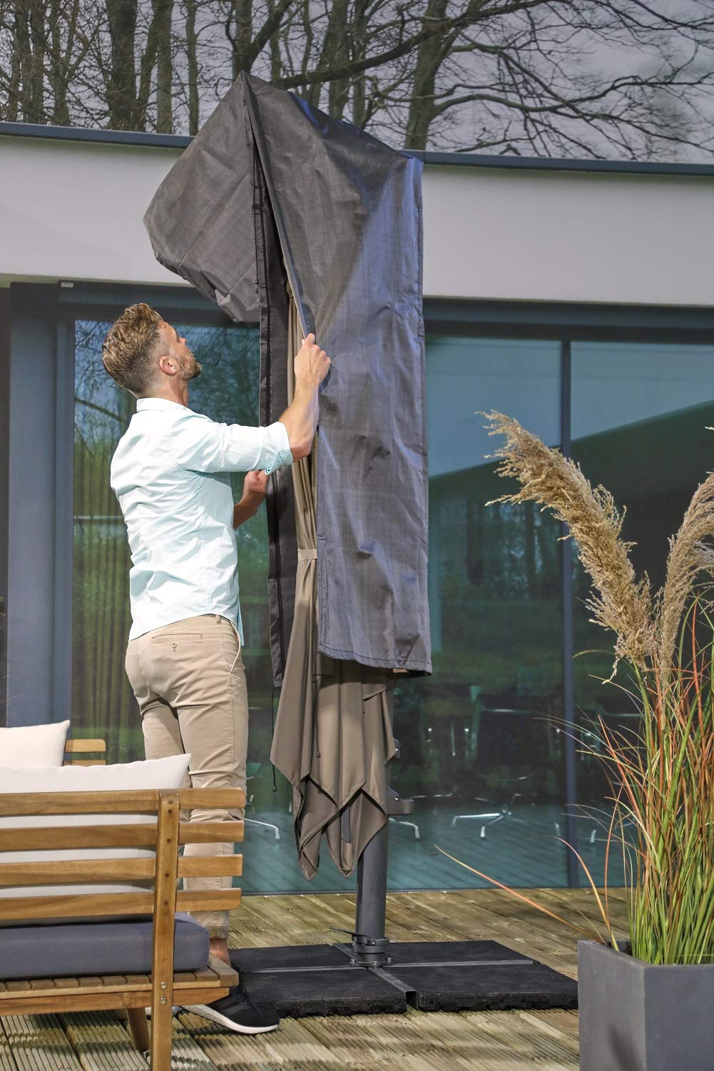 Gardissimo XXL Schutzhülle Premium 344448, 250 x 64 cm, Grau | Atmungsaktiv, Frostbeständig, Wasserdicht, Mit Stab, Für Sonnenschirm bis 450 cm