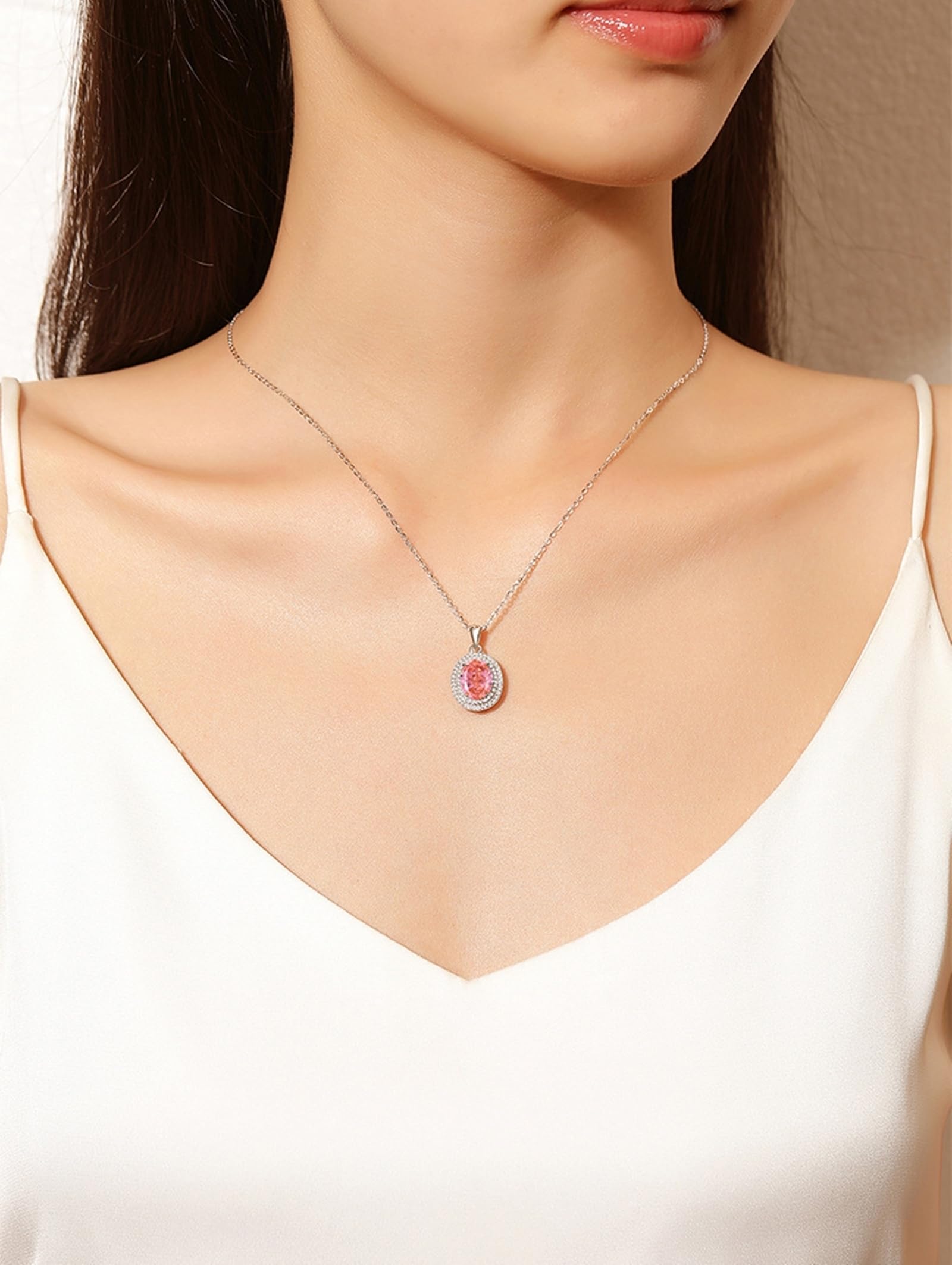 Collares con colgante para mujer en oro blanco/platino, cadena ovalada de oro blanco, cadena de cumpleaños