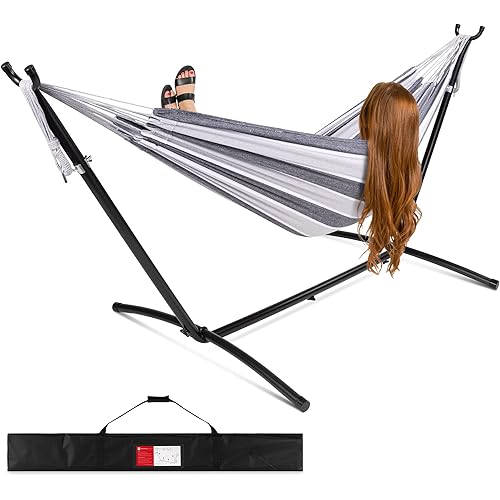Best Choice Products 2-Person Double Hammock with Stand Set, Indoor Outdoor Brazilian-Style Cotton Bed for Backyard, Camping, Patio w/Carrying Bag, Steel Stand, 450lb Weight Capacity - Steel