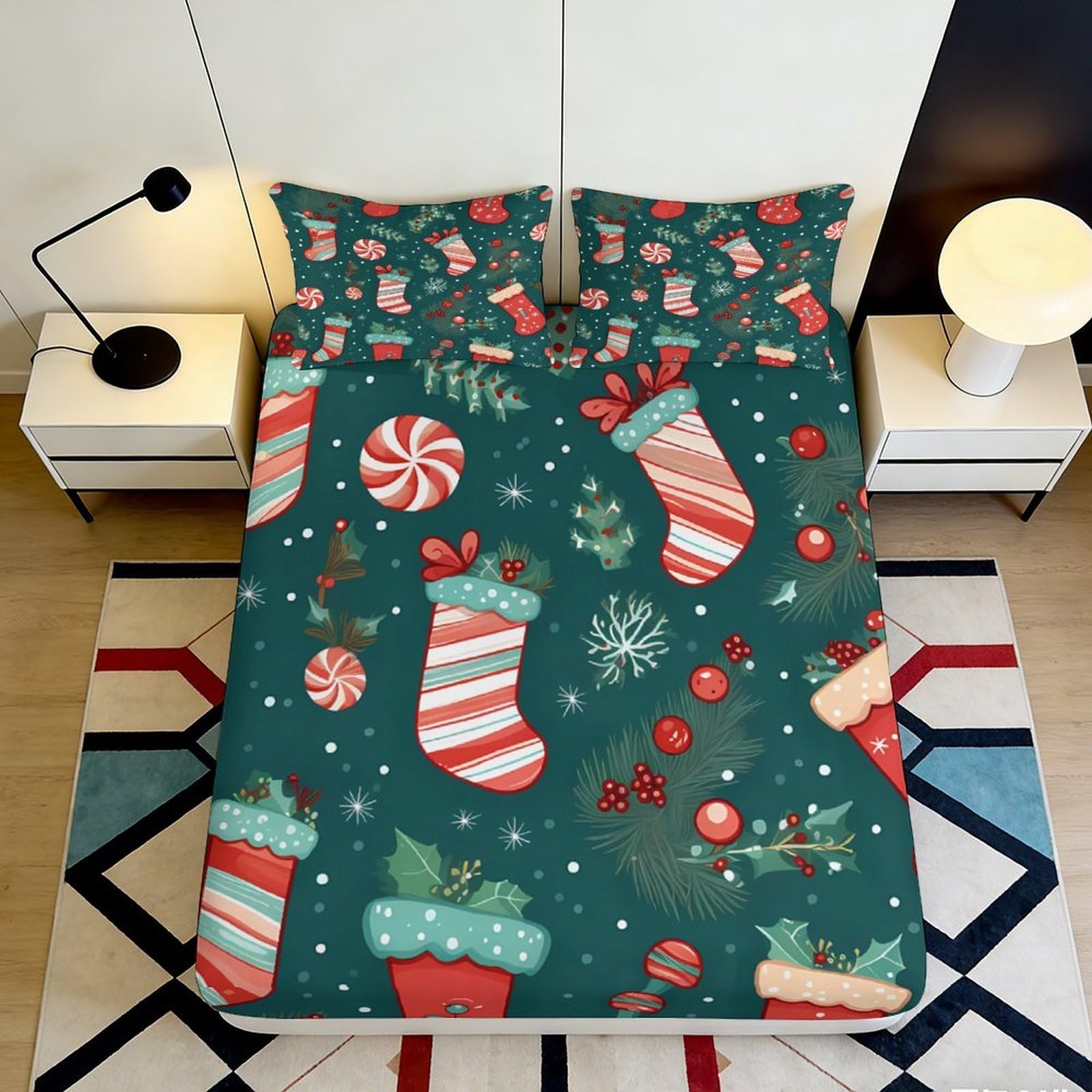 Pnayamiorkfel Style-7 3D Printed Christmas Stockings Fitted Sheet Microfiber Green Festive Candy Bed Cover For Bedroom Guest Room Decor 90X200x25cm