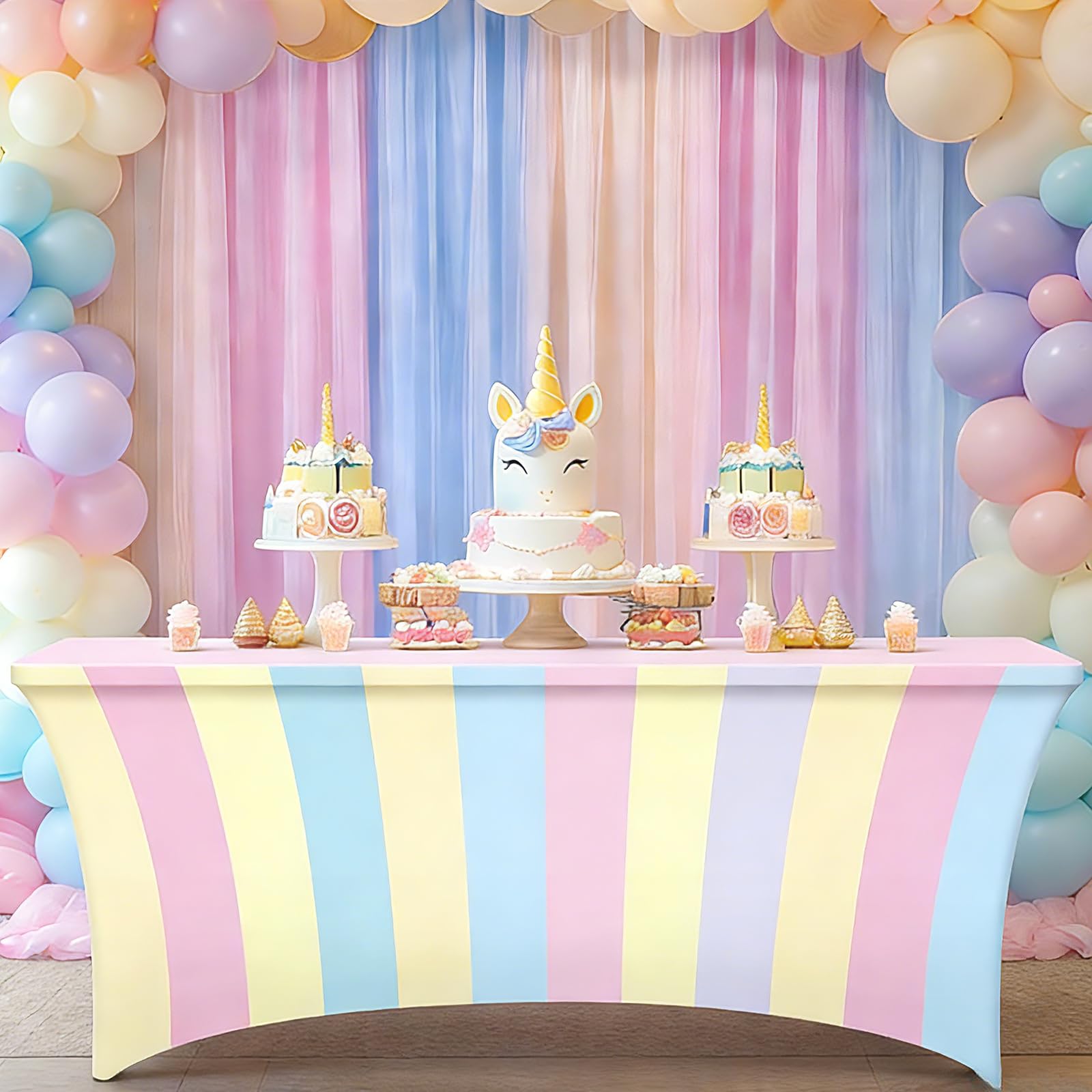 Photo 1 of Oitnlaughter 6ft Pastel Rainbow Tablecloth Summer Pastel Spandex Tablecloth Rainbow Party Decoration Colorful Striped Stretch Table Cover for Girls Birthday Baby Shower Wedding Folding Tables Decor