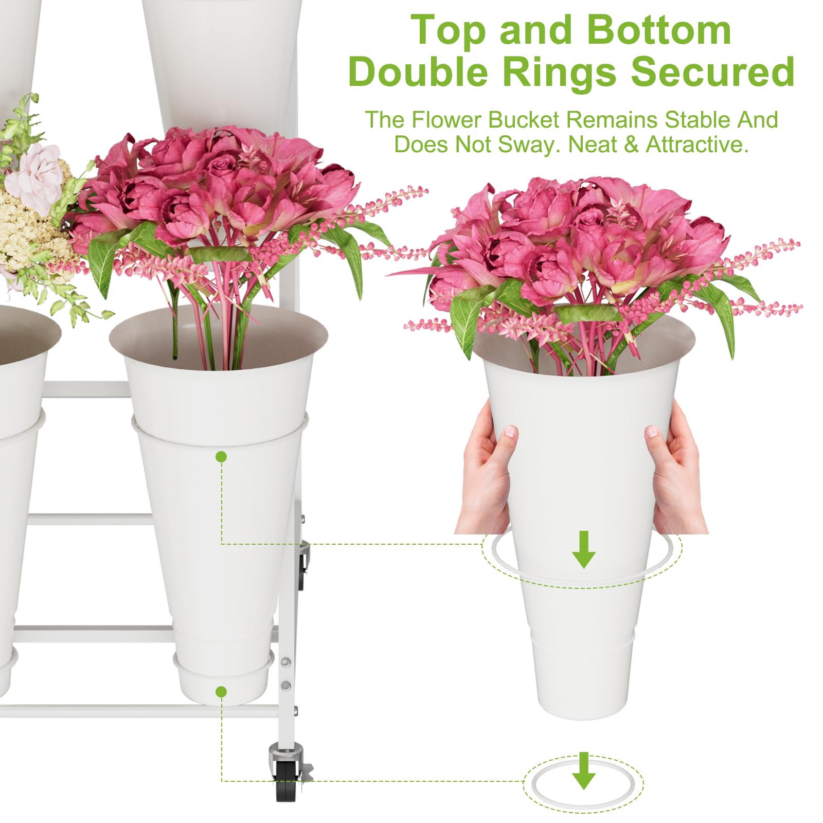Espositore per fiori a 3 livelli con 12 secchi, doppio cerchio senza agitazione, carrello per fiori da esterno con ruote per casa, patio, giardino, negozio, matrimoni, feste, mostre, interni, bianco