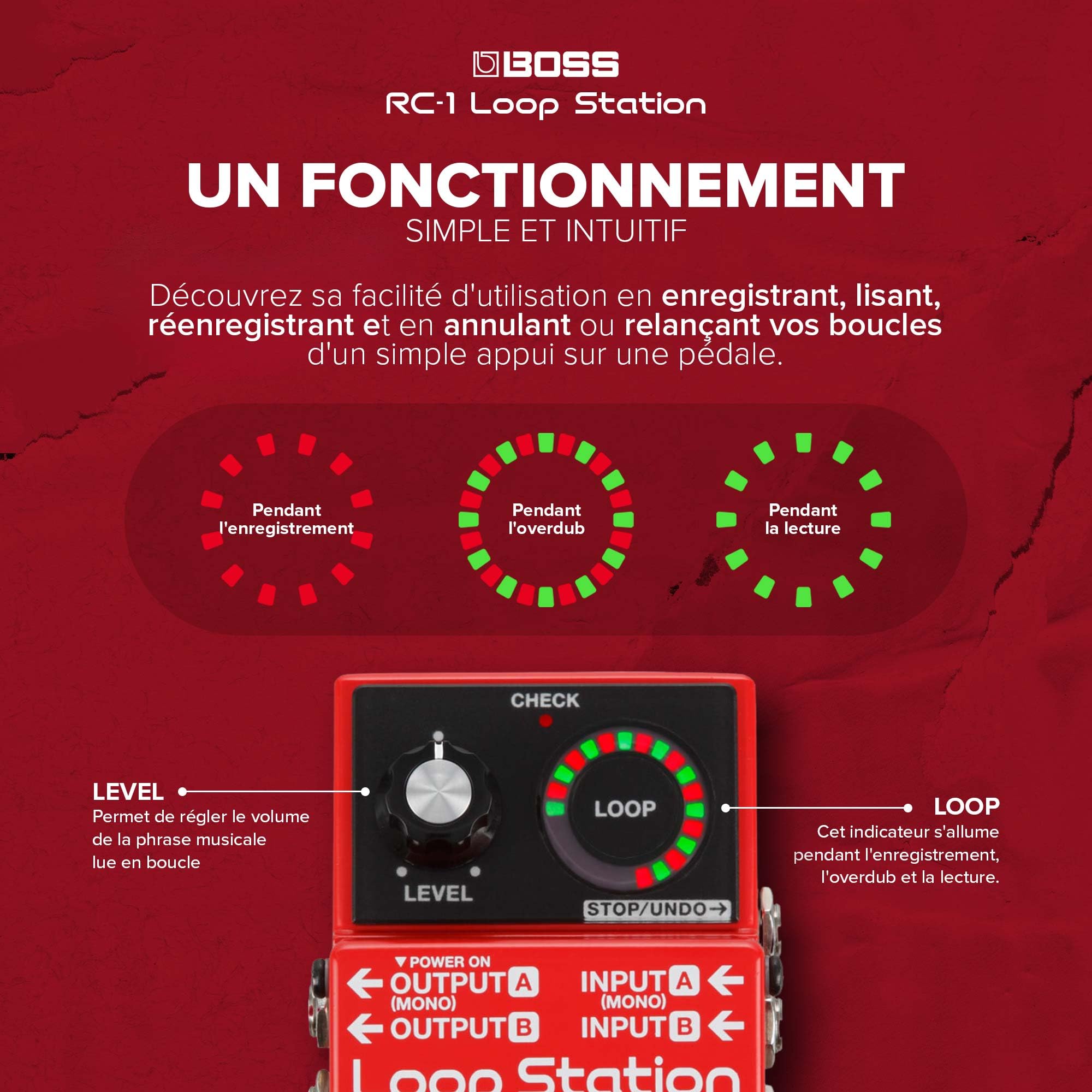 Pédale Loop Station RC-1 BOSS | Le standard du looper simple pour guitare, basse, claviers et autres | Afficheur LED 24 segments | 12 minutes d'enregistrement