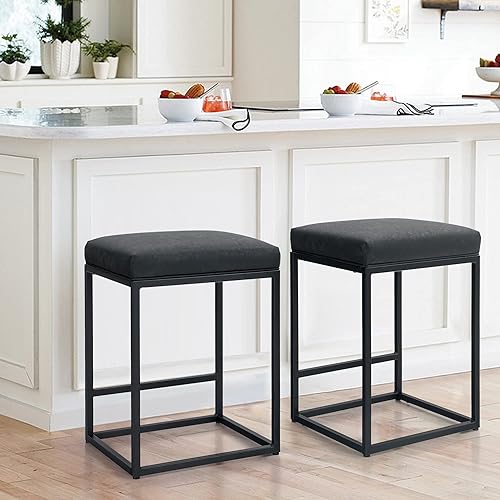 Miniatura 10 de PHI VILLA Juego de 4 taburetes de bar, sillas de bar gruesas con base de marco de acero de metal con reposapiés, altura de mostrador de 24 pulgadas