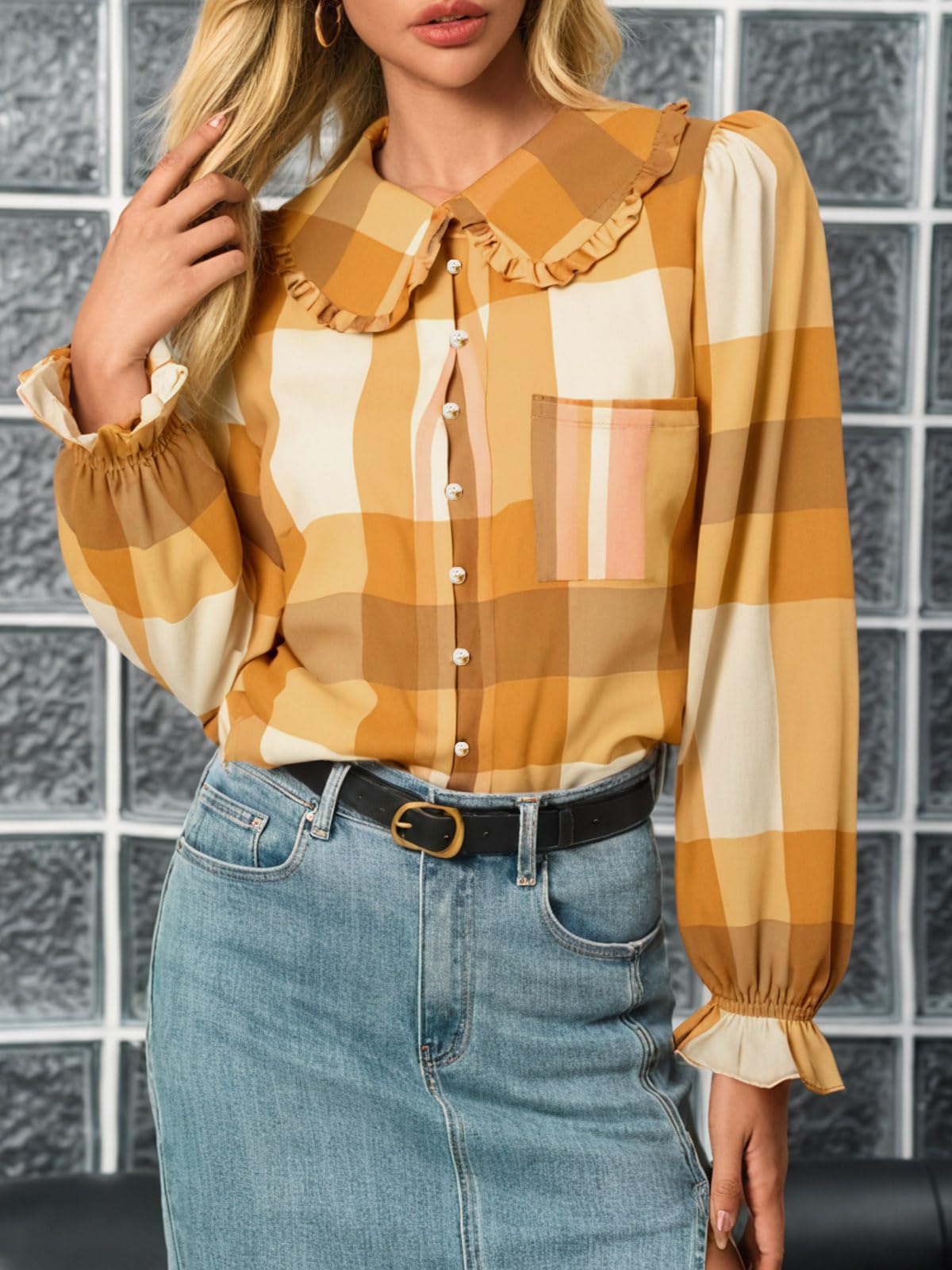 Tankaneo Camicetta da donna a maniche lunghe con colletto alla Peter Pan, a quadri, elegante, casual, autunnale