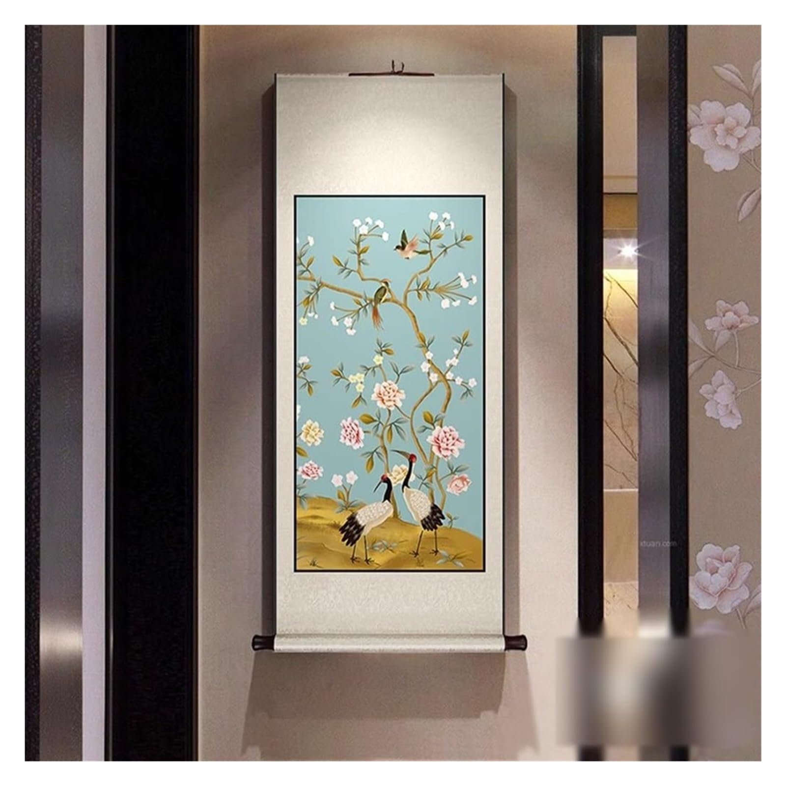 Radosny ptak, kwiatowy zwój, ręcznie wykonany chiński wieszak ścienny, dekoracja feng shui do przedpokoju, kreatywna kolekcja prezentów(Creamy white C,59L x 148W cm)