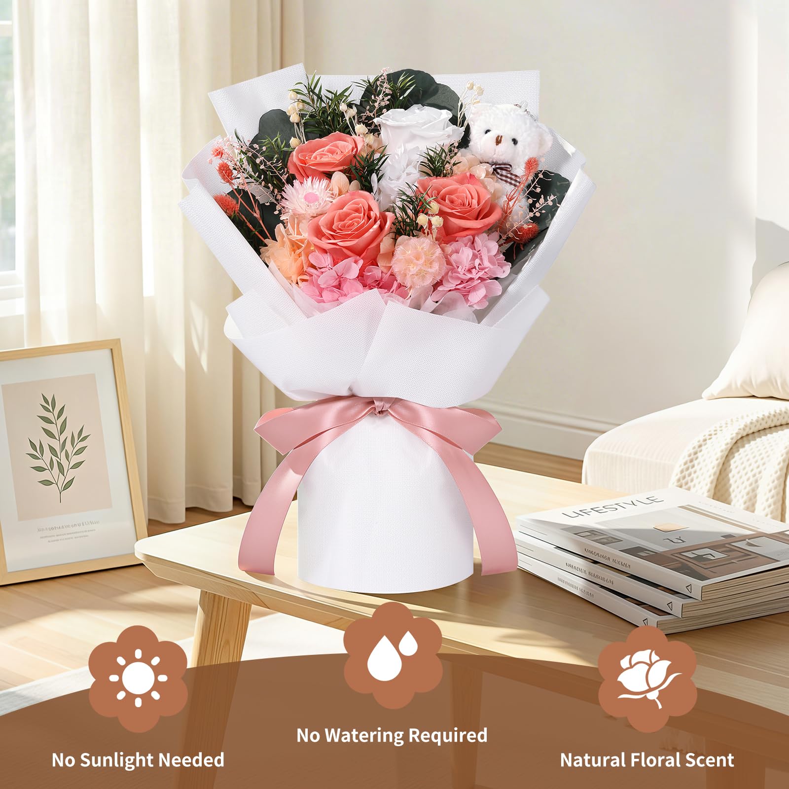 Emibele Flowers for Delivery Prime, Preserved Flowers Bouquets, Eternal Pink and White Roses with Bear, Valentines Mother's Day Birthday Anniversary Graduation Flower Gifts for Her Girlfriend Women