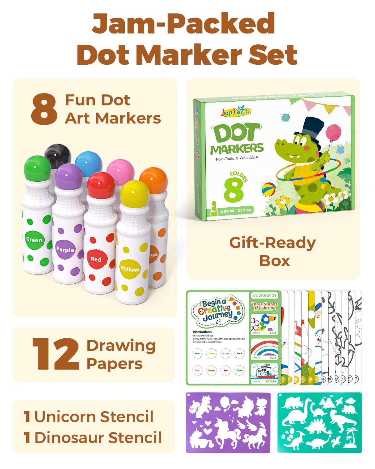 JUPITEARTH Bingo Markers,12 Farben Auswaschbar Dot Marker für Kinder(60ml) Stempel mit 120 PDF,12 bedruckten Aktivitätsblättern,Bingo stift für
