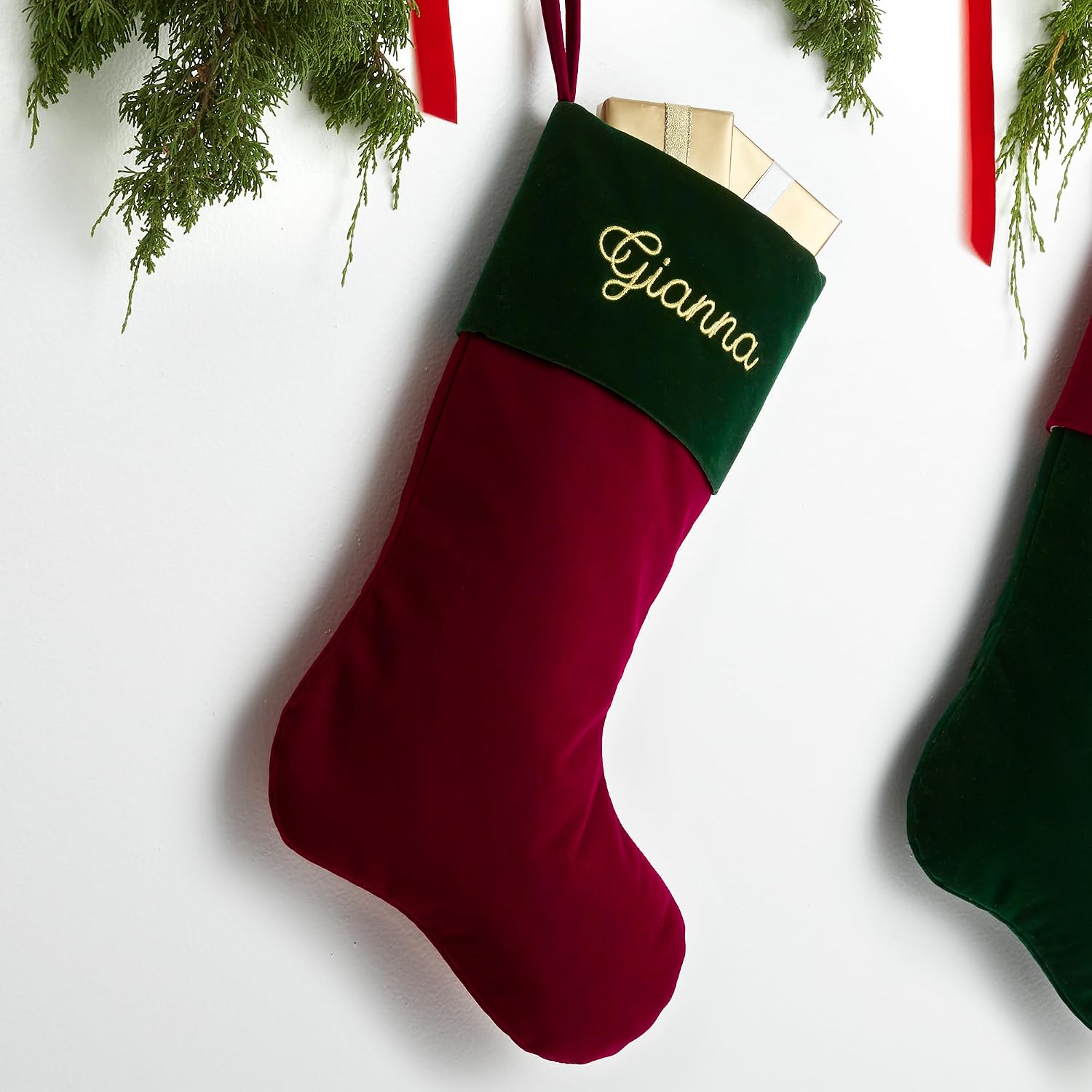 Personalization Universe Personalized Red Yuletide Elegance Embroidered Velvet Stocking