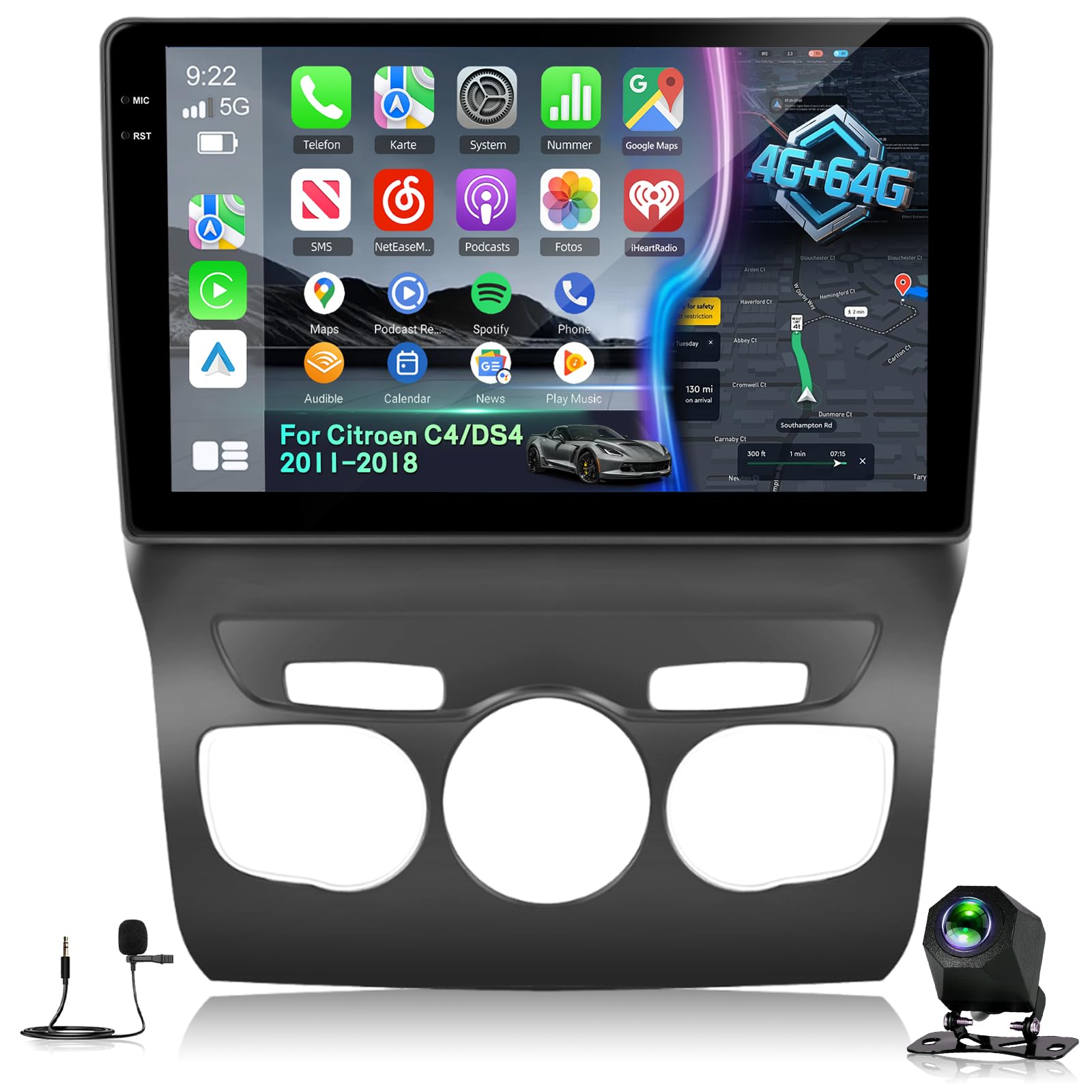 NHOPEEW 4+64G Android Autoradio für Citroen C4/DS4 2012-2018 mit Wireless Carplay & Android Auto–10-Zoll-Incell-Bildschirm, unterstützt WiFi, GPS, Lenkradsteuerung + Rückfahrkamera, Canbus