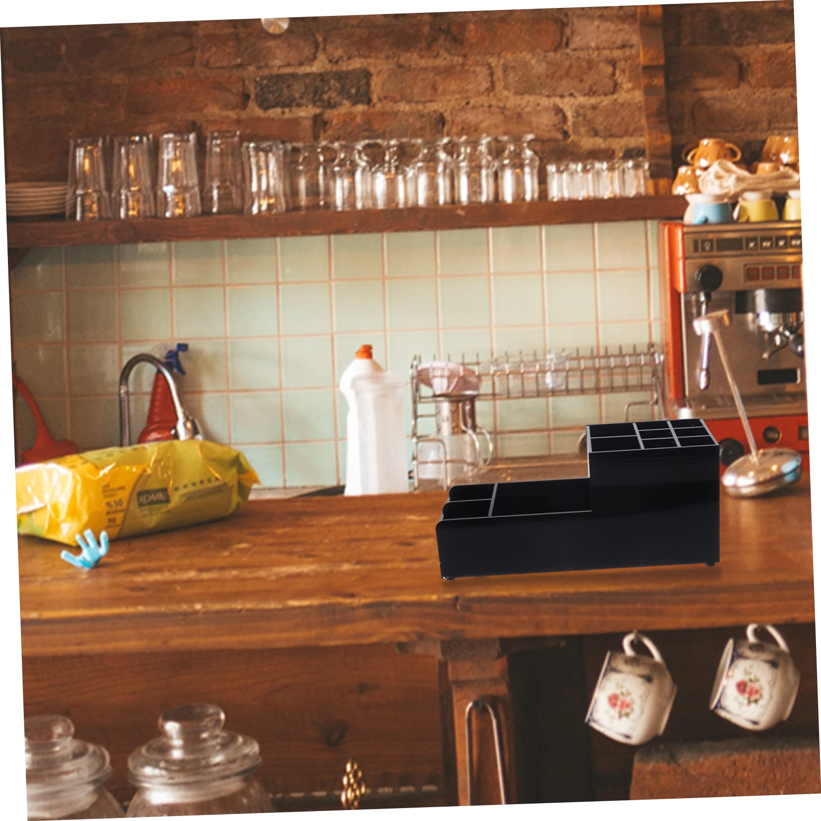 Mikinona Organizador de Barra Acrílico Negro de 11 Compartimentos para Mesa | Diseño Dividido, para Estación de Café de Oficina, Uso en Bar y Hostelería