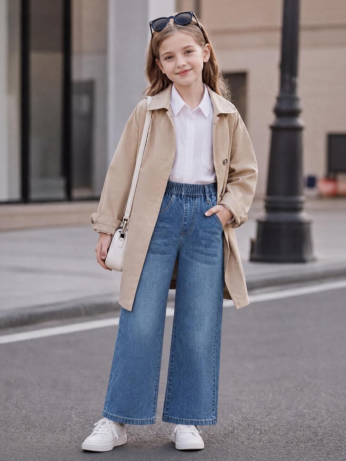 Haloumoning Girls Baggy Wide Leg Jeans High Elastic Waist Denim Pants
