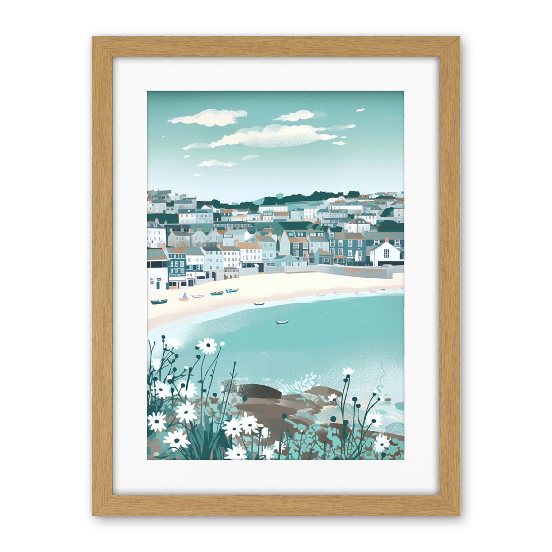 Artery8 St Ives Bay Daisies Soft Pastel Coastal Cityscape Artwork Framed Wall Art Print 18X24 Inch