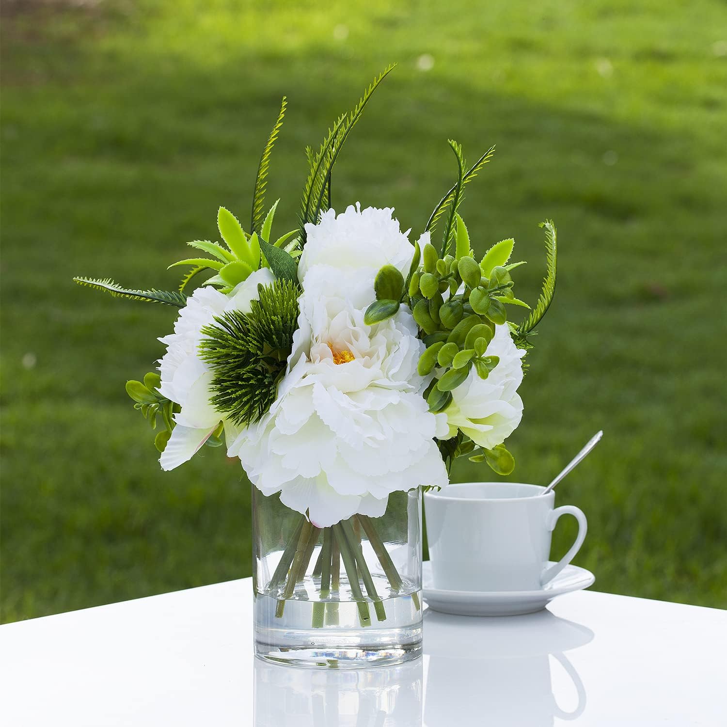 Enova Floral Mixed Artificial Silk Peony Faux Flowers Arrangement in Cylinder Glass Vase with Faux Water for Home Office Wedding Decor